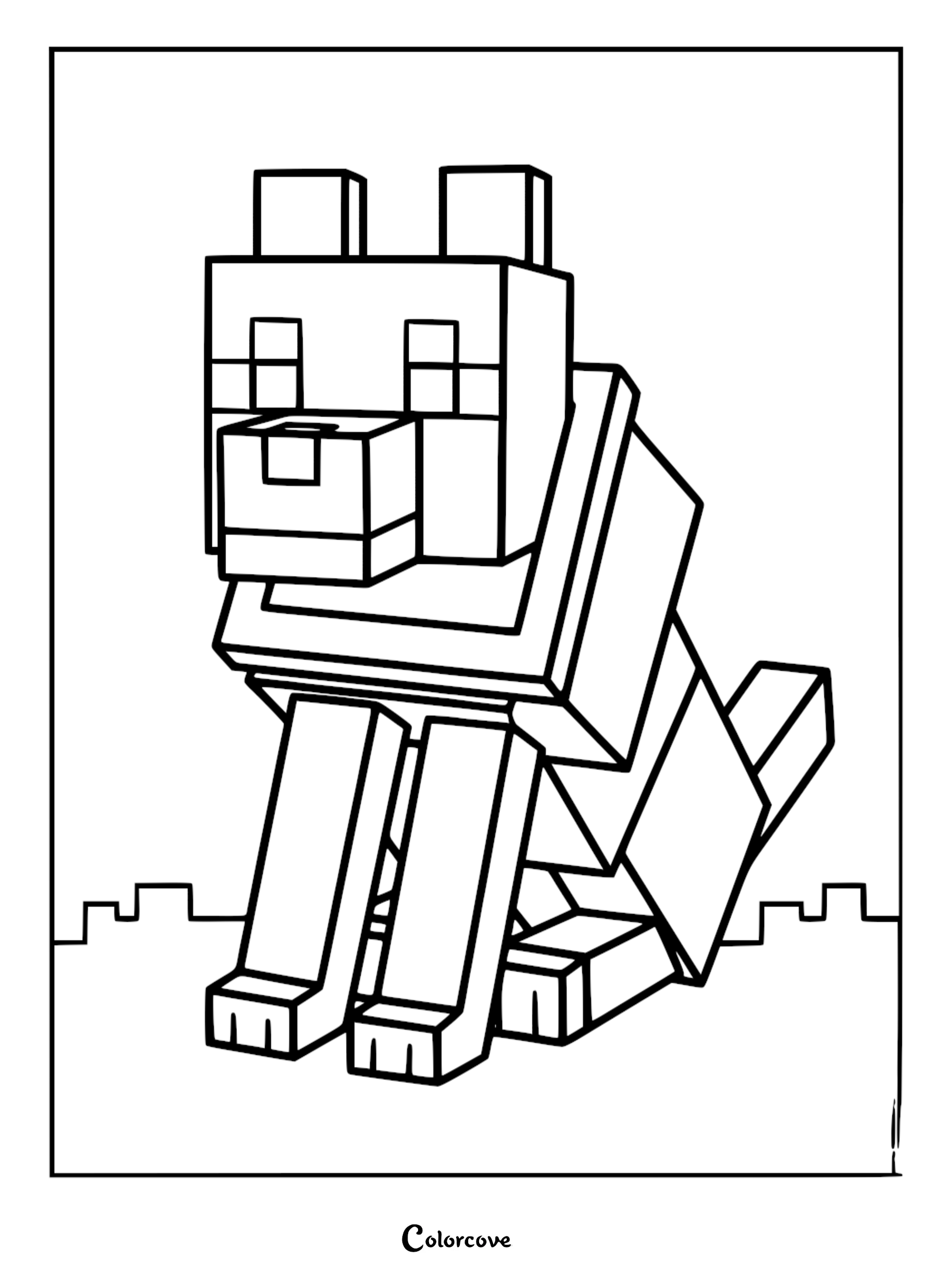 A simple Minecraft wolf coloring page featuring the blocky, pixelated canine sitting on a flat ground surface.