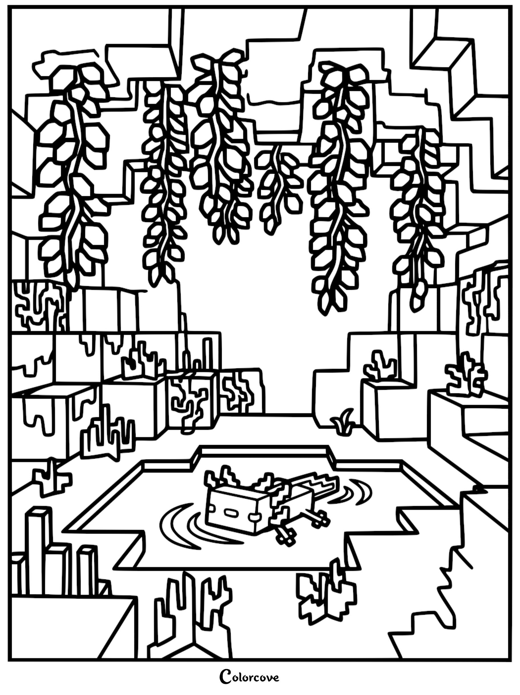 Minecraft axolotl swimming in a blocky underground pool surrounded by hanging glow berries and lush cave vegetation in this printable coloring page.