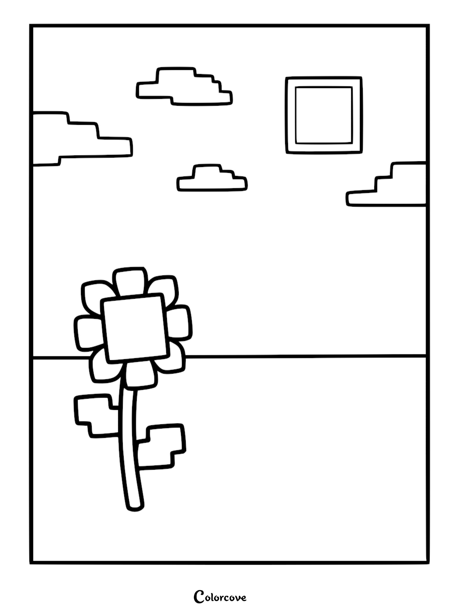 A simple Minecraft sunflower coloring page featuring a blocky flower under a square sun and pixelated clouds.