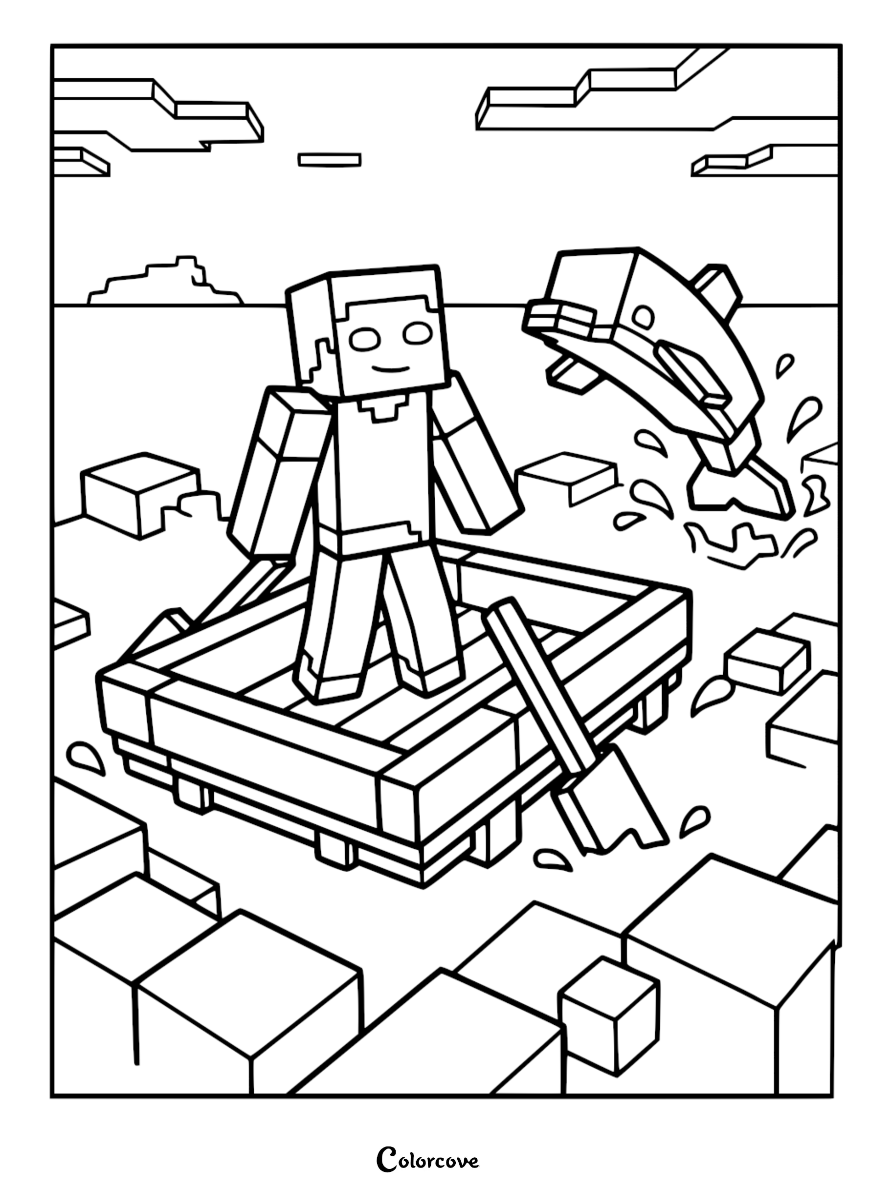 Minecraft Steve standing on a wooden raft in the ocean with a jumping dolphin, printable coloring page.