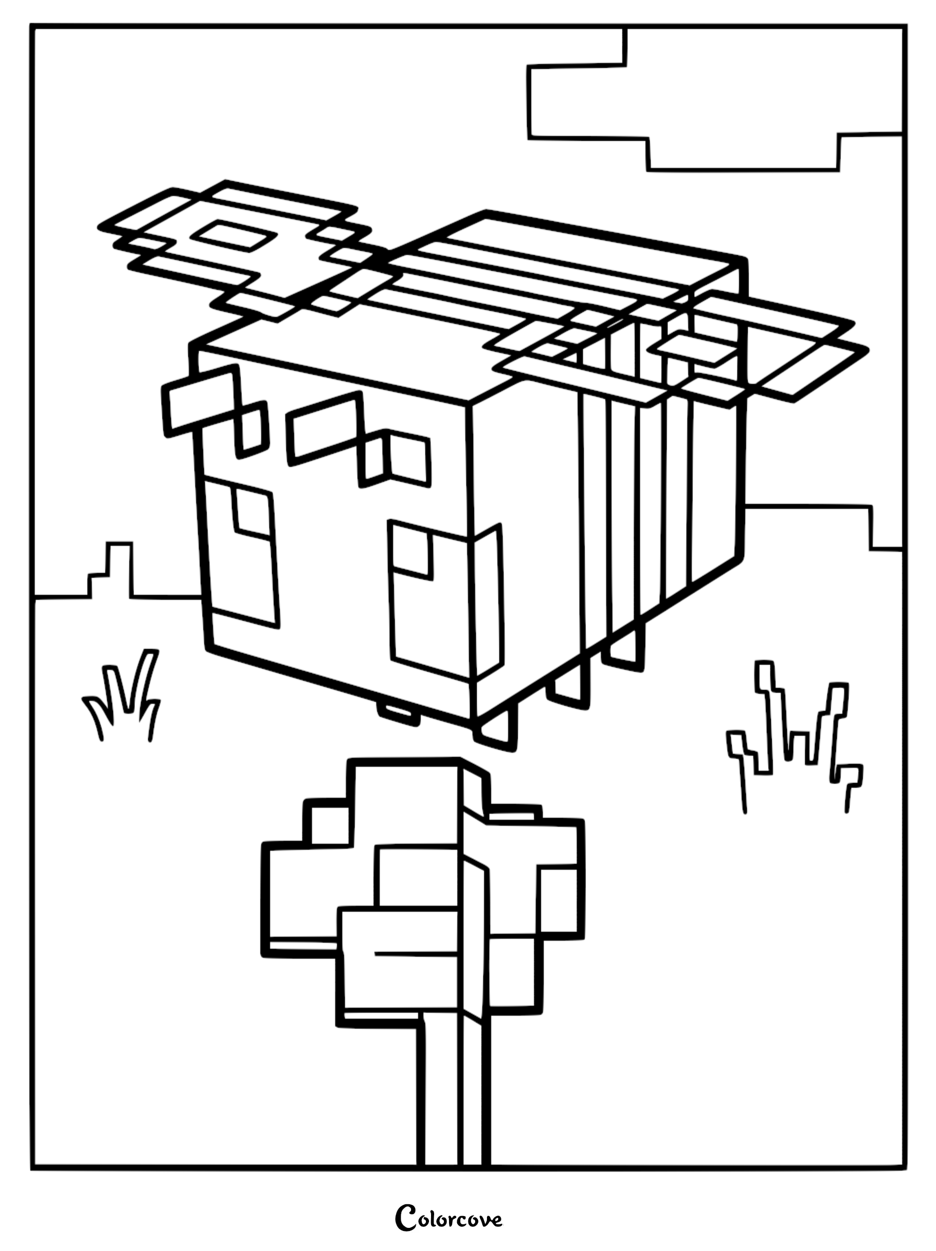 A Minecraft bee flying over a blocky tree in a pixelated landscape, presented as a printable coloring page.