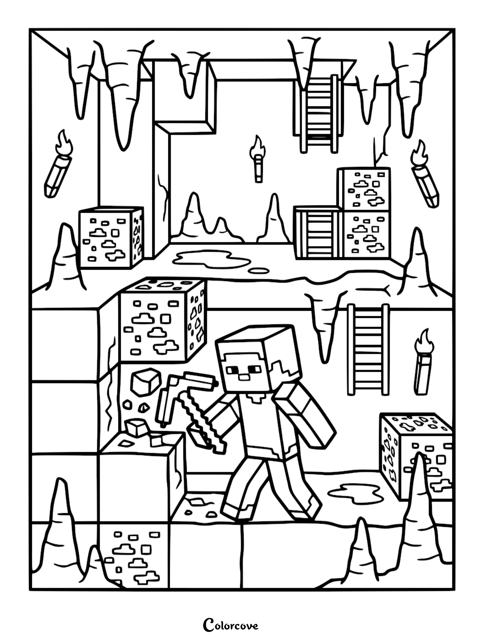 Steve using a pickaxe to mine ore blocks in a Minecraft cave with stalactites, ladders, and wall torches coloring page.