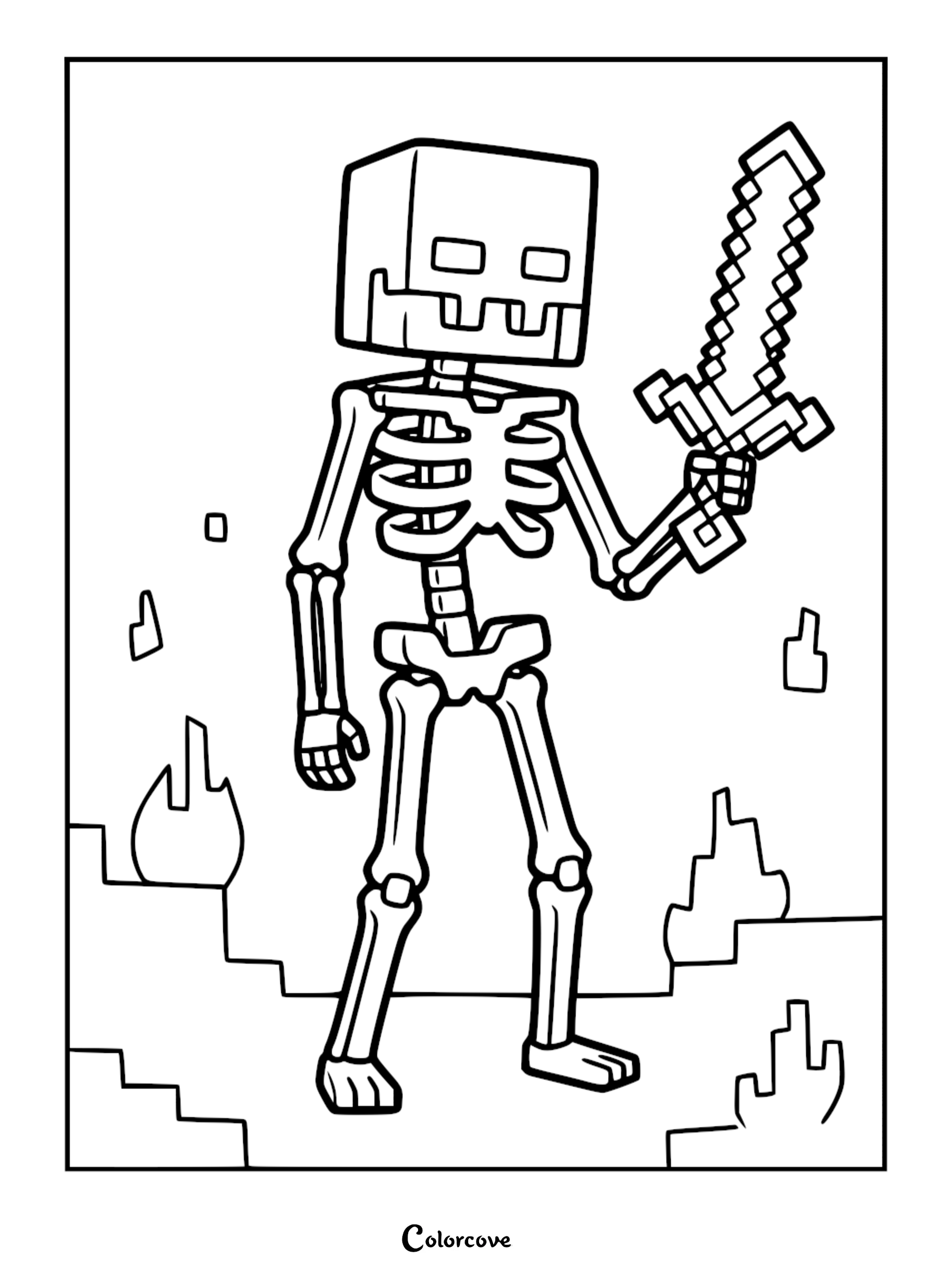 Minecraft skeleton holding a pixelated sword in a blocky landscape, printable coloring page.