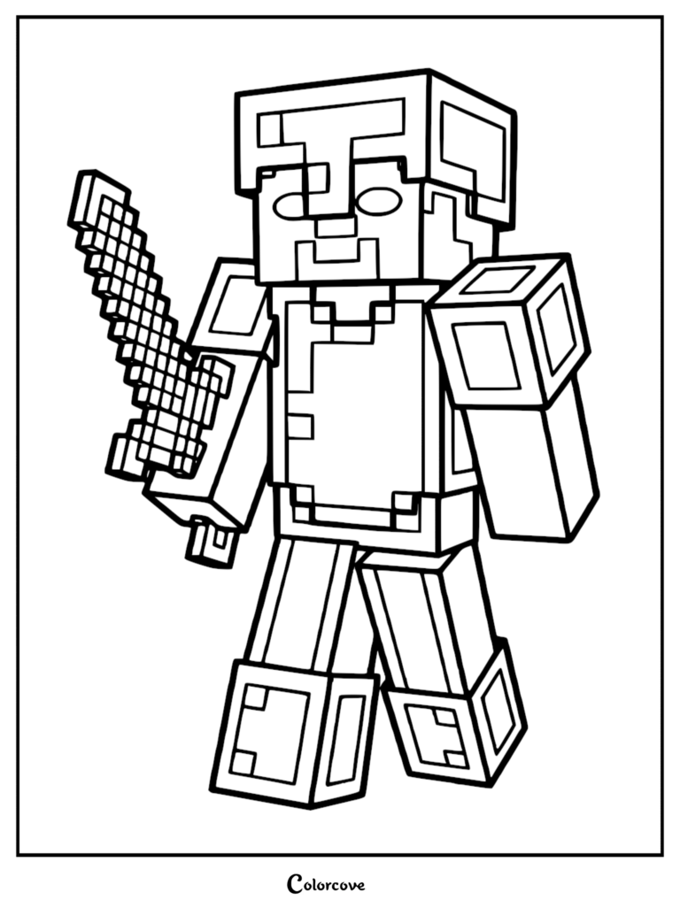 Minecraft Steve wearing full armor and holding a pixelated diamond sword in this printable coloring page.