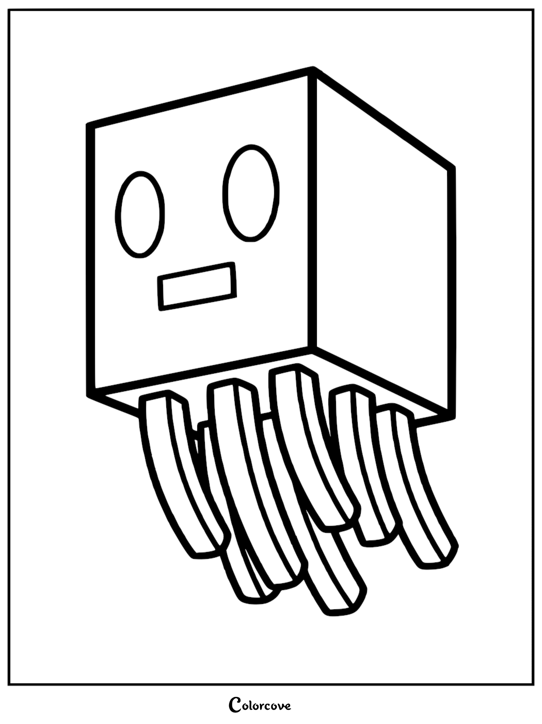 A simple Minecraft Ghast coloring page featuring the iconic cube-shaped mob with hollow eyes, a rectangular mouth, and dangling tentacles.