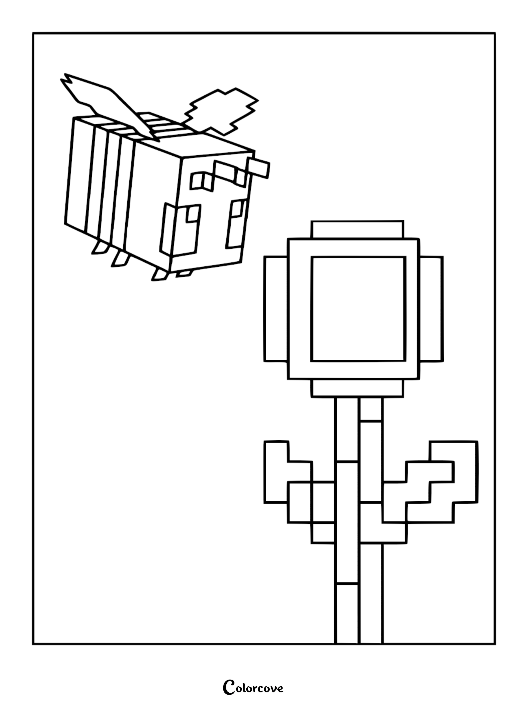 A Minecraft coloring page featuring a blocky bee hovering near a pixelated sunflower.