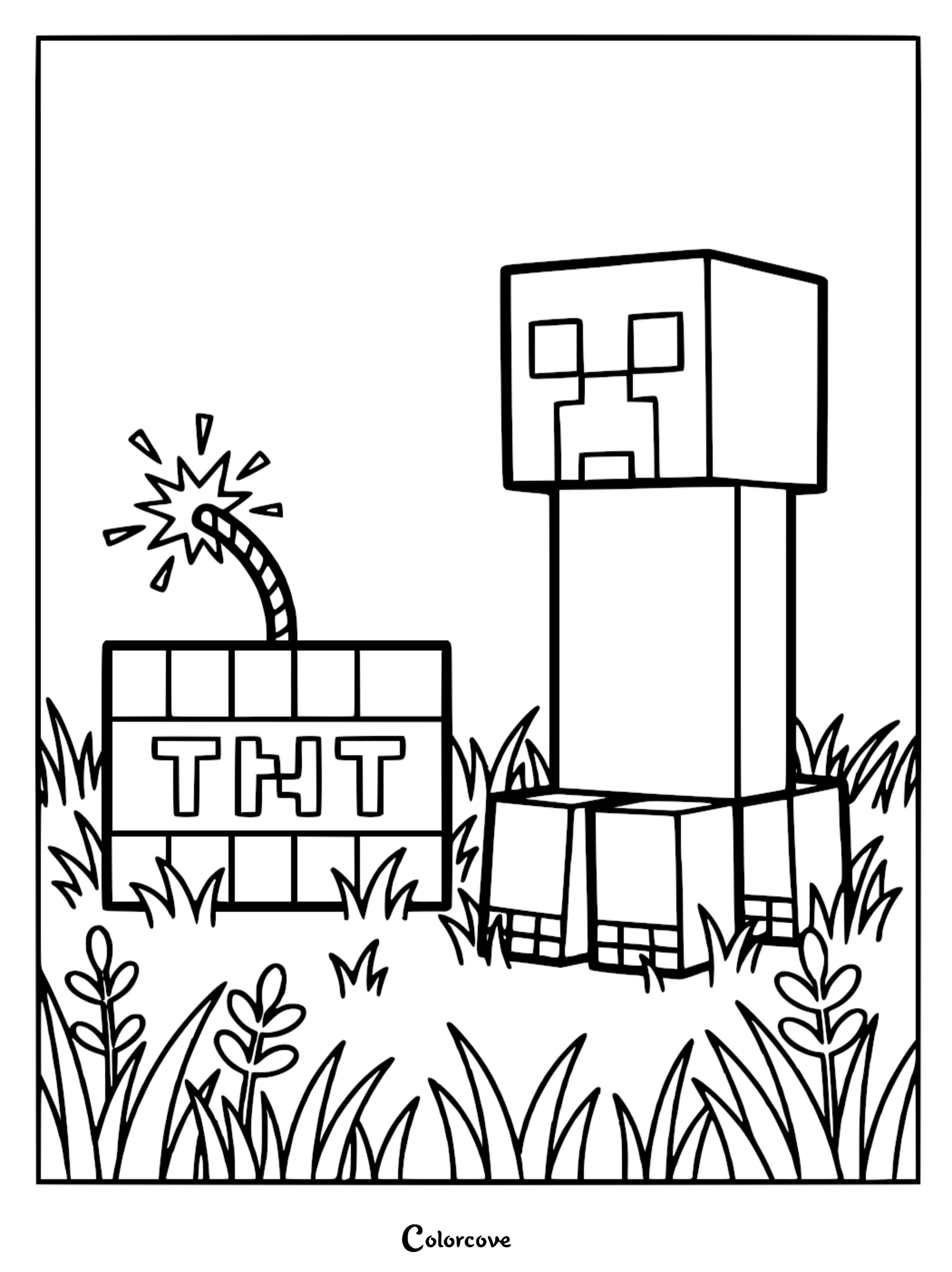 A Minecraft Creeper standing next to a lit block of TNT in a grassy field, printable coloring page for kids.