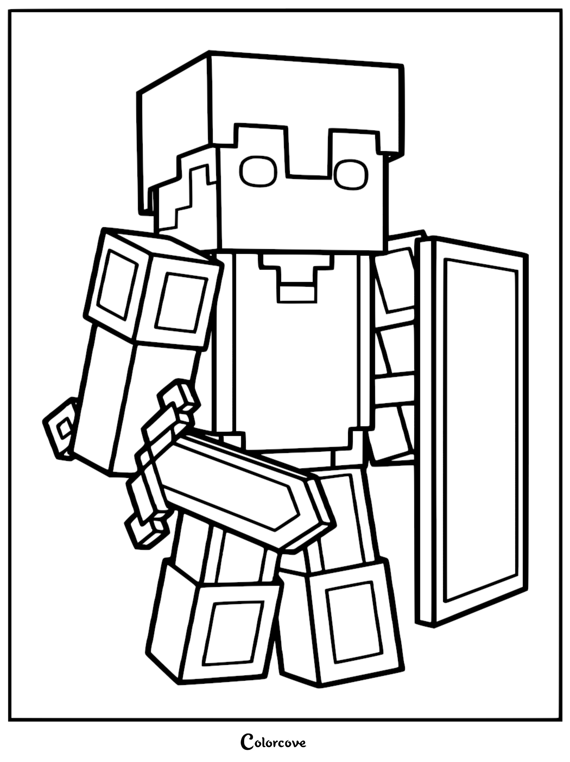 Minecraft Steve holding a pixelated sword and a rectangular shield in this printable coloring page.
