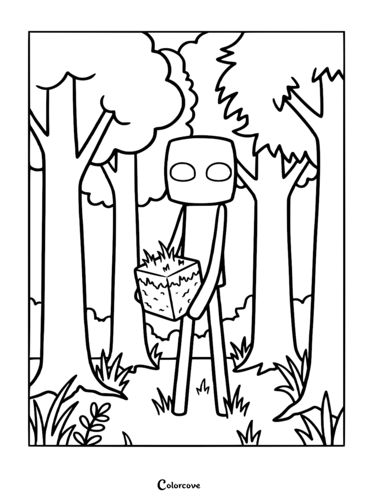 An Enderman from Minecraft holding a grass block in a forest setting, printable coloring page for kids.