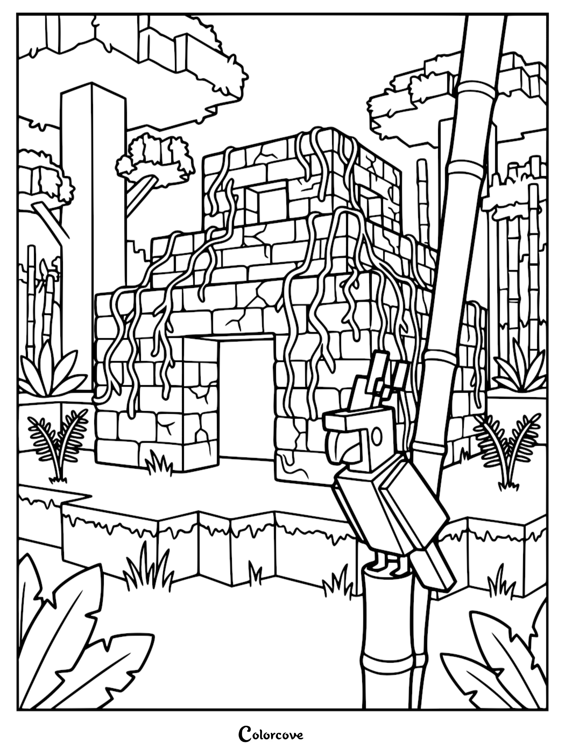 A Minecraft jungle temple coloring page featuring a blocky stone structure covered in vines, surrounded by bamboo stalks and a parrot perched in the foreground.
