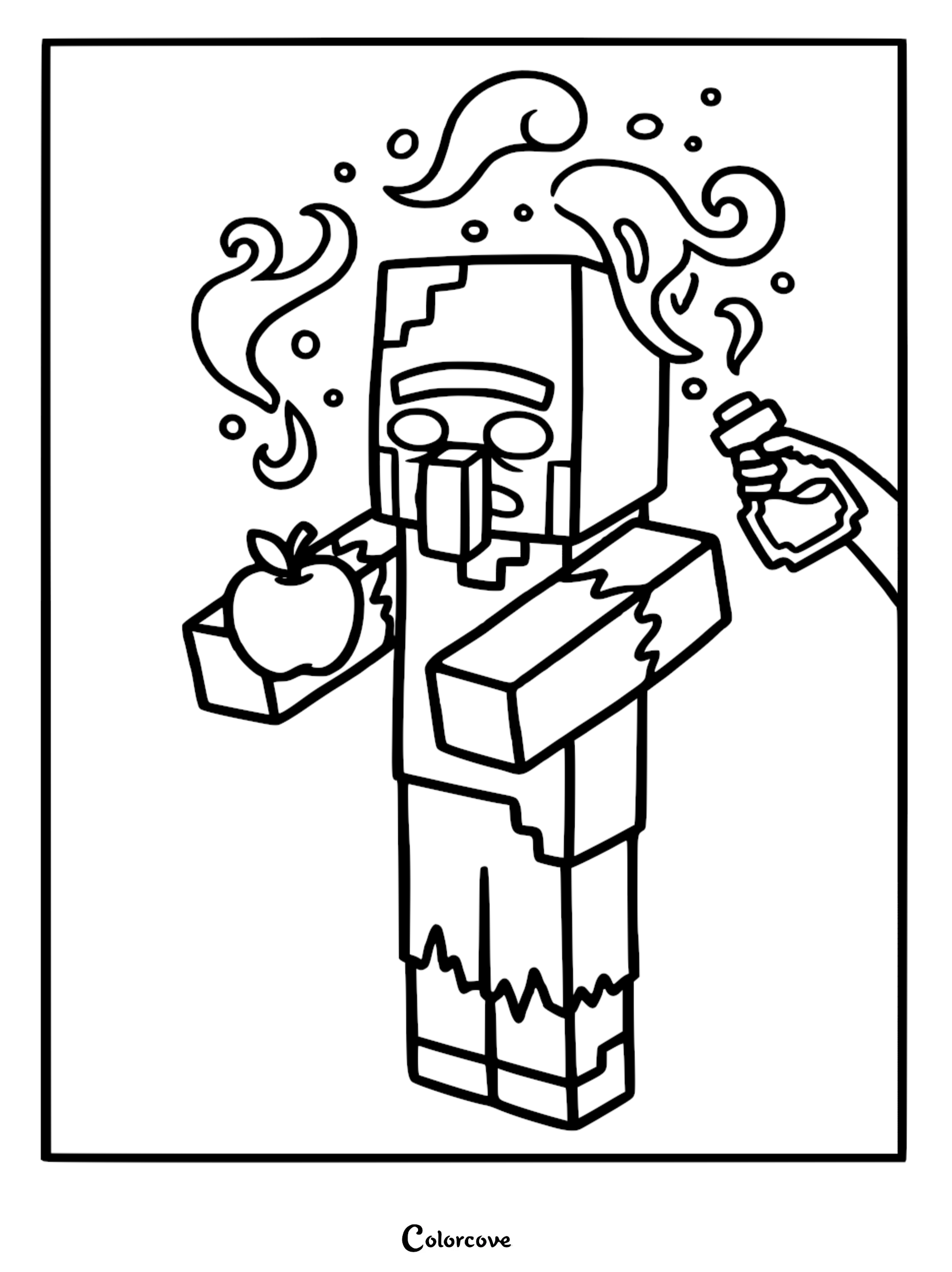 A Minecraft zombie villager holding a golden apple while being splashed with a potion, black and white line art coloring page.