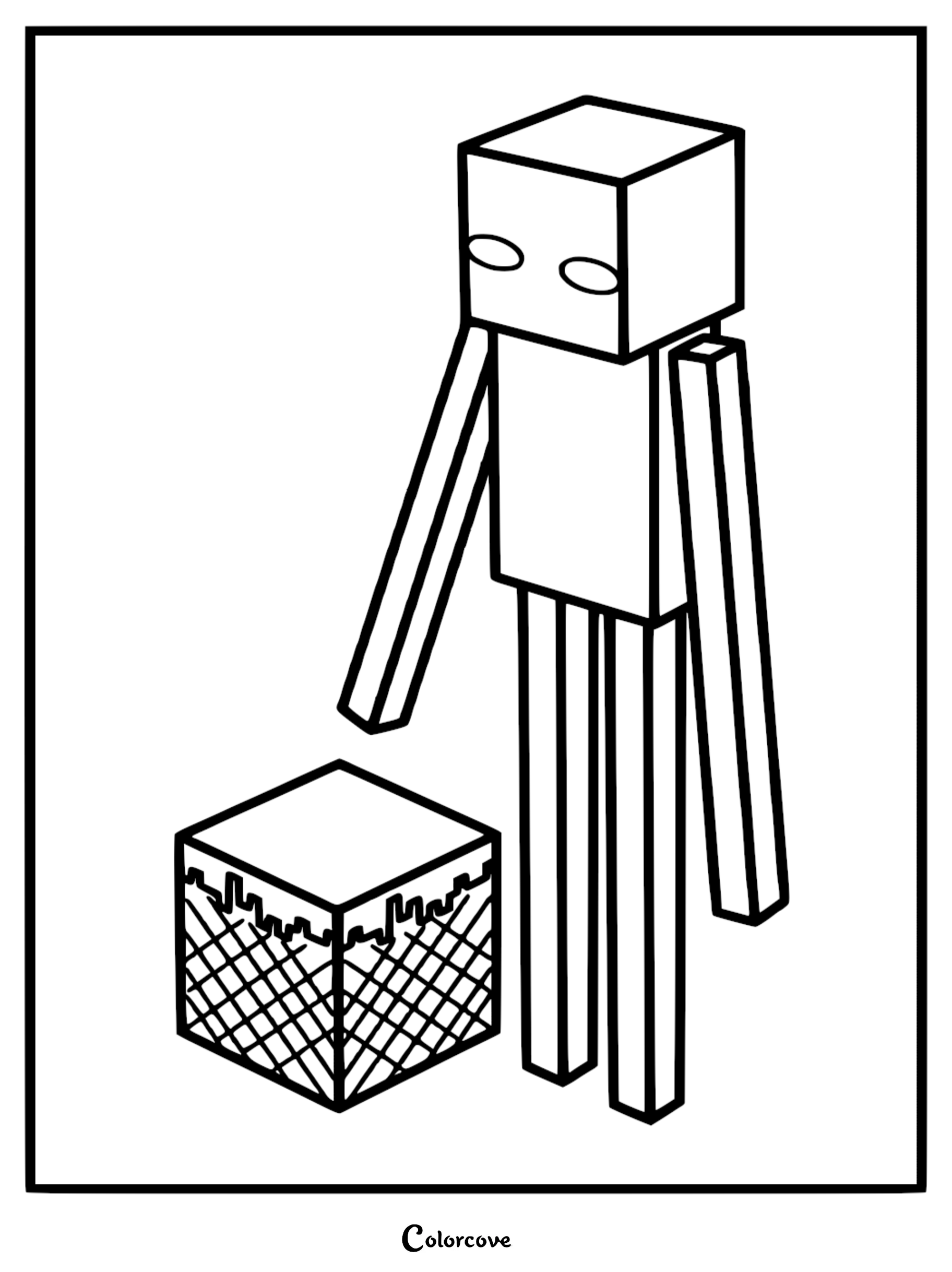 Minecraft Enderman standing next to a grass block in this printable coloring page.