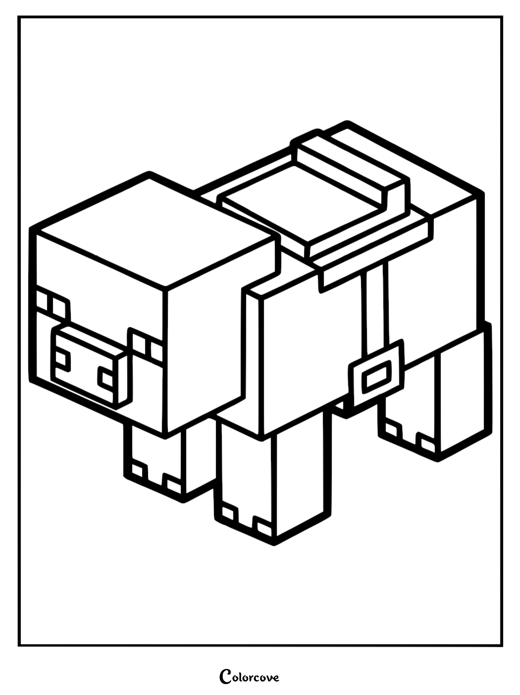 Minecraft pig with a saddle on its back, isometric view, printable coloring page for kids.