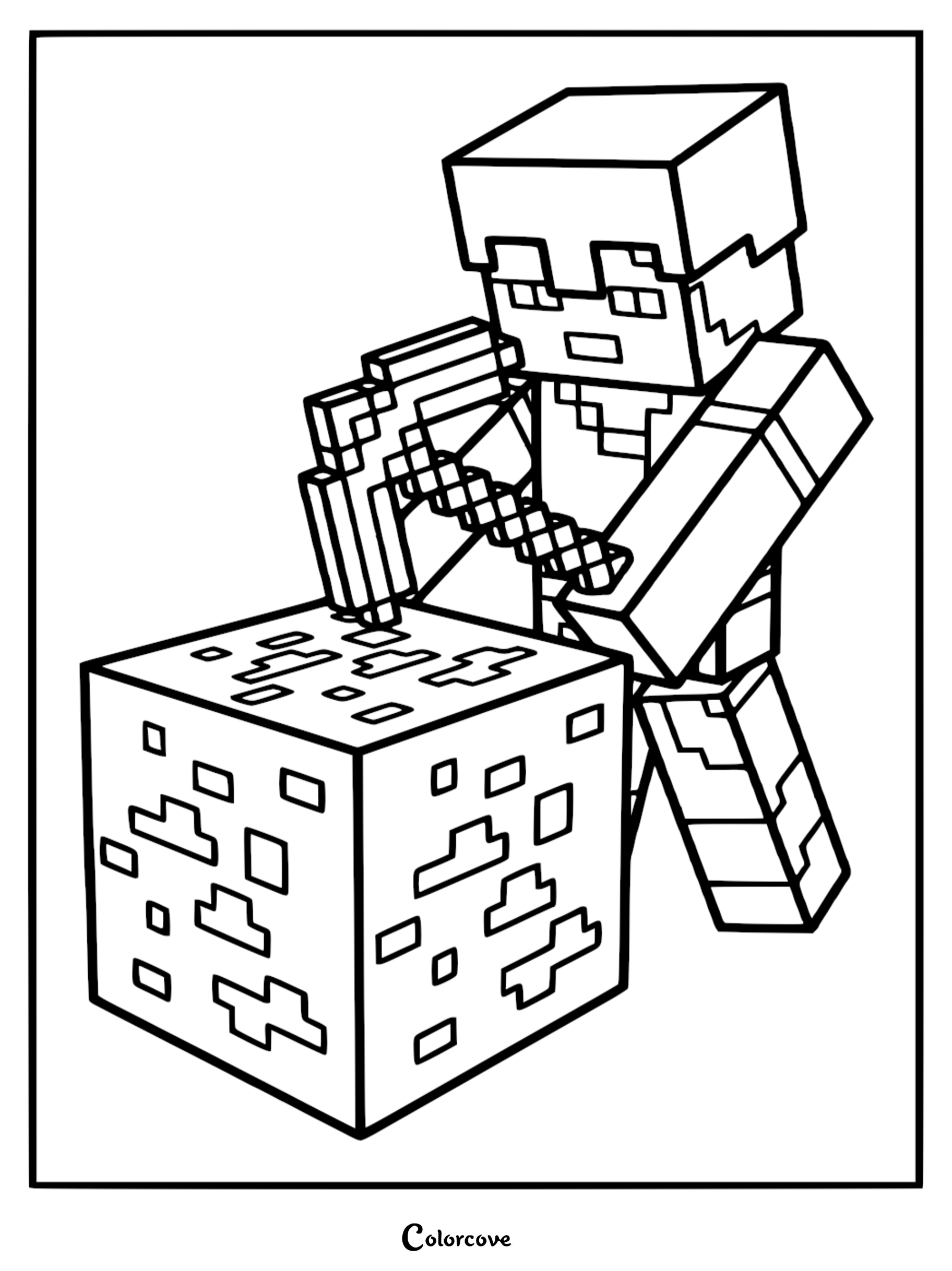 Steve from Minecraft using a pickaxe to mine a block of ore in this printable coloring page.