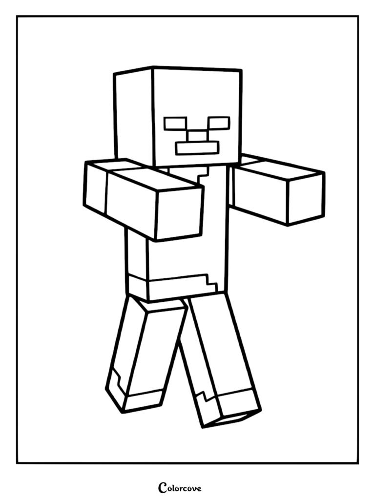 A simple black and white Minecraft Zombie coloring page featuring the blocky mob standing with arms outstretched.