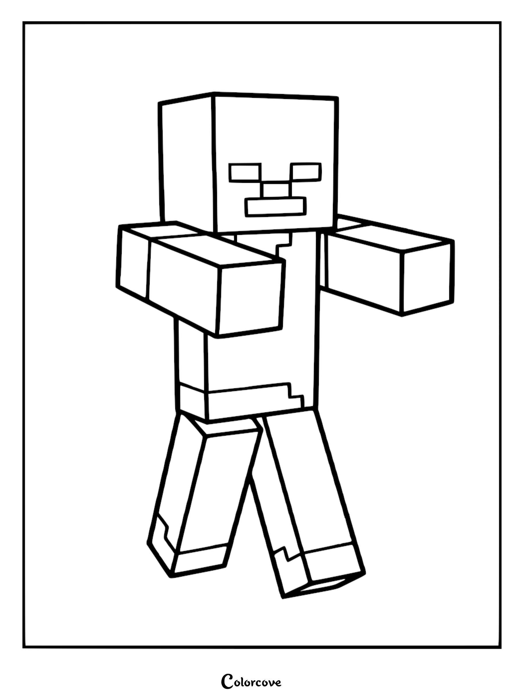 A simple black and white Minecraft Zombie coloring page featuring the blocky mob standing with arms outstretched.