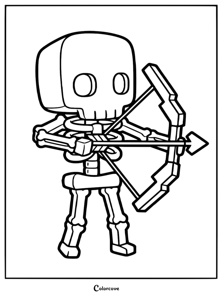 A Minecraft skeleton holding a bow and arrow in a chibi style line art coloring page.