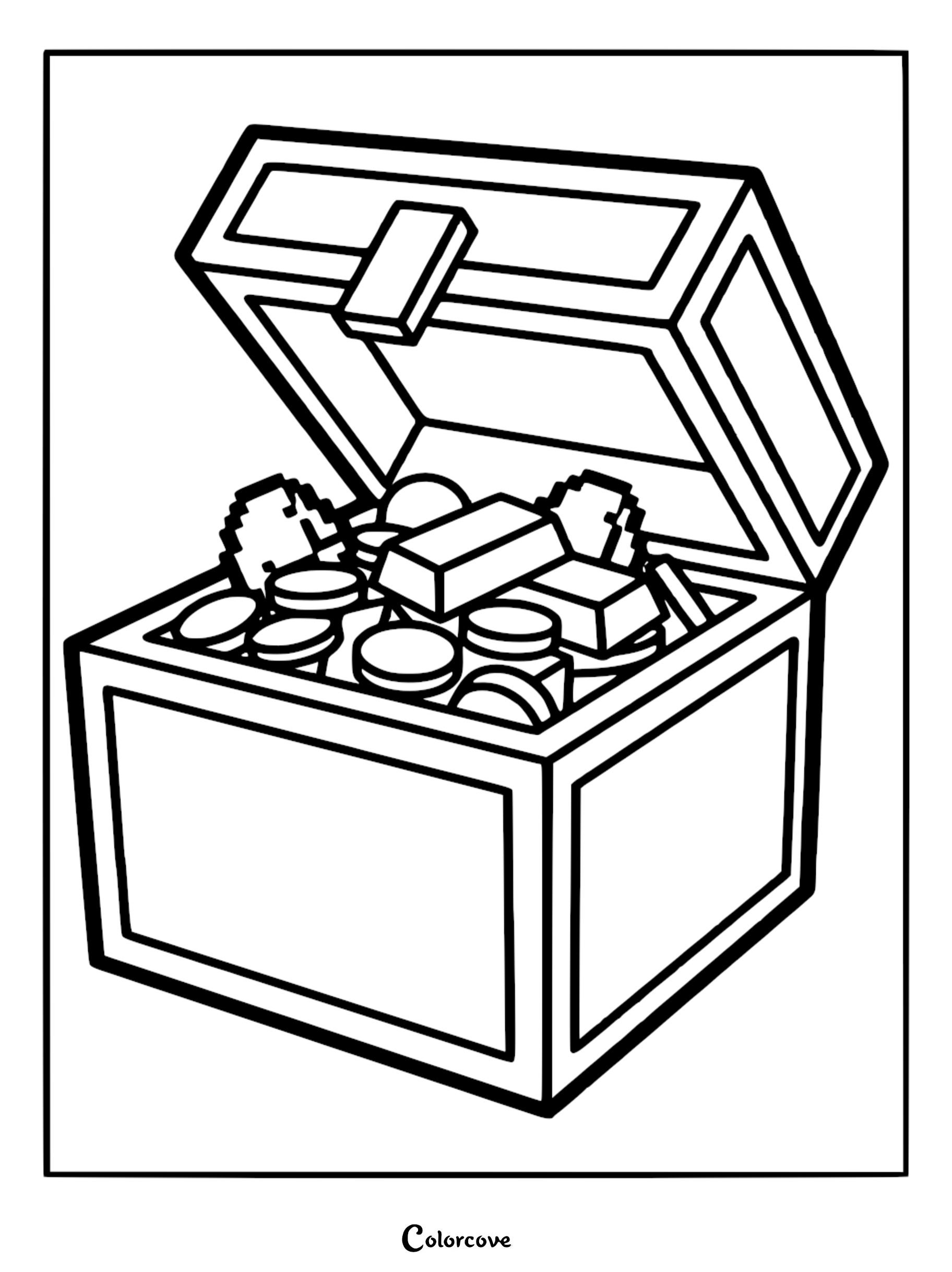 A Minecraft treasure chest coloring page featuring gold bars and coins inside an open wooden chest.