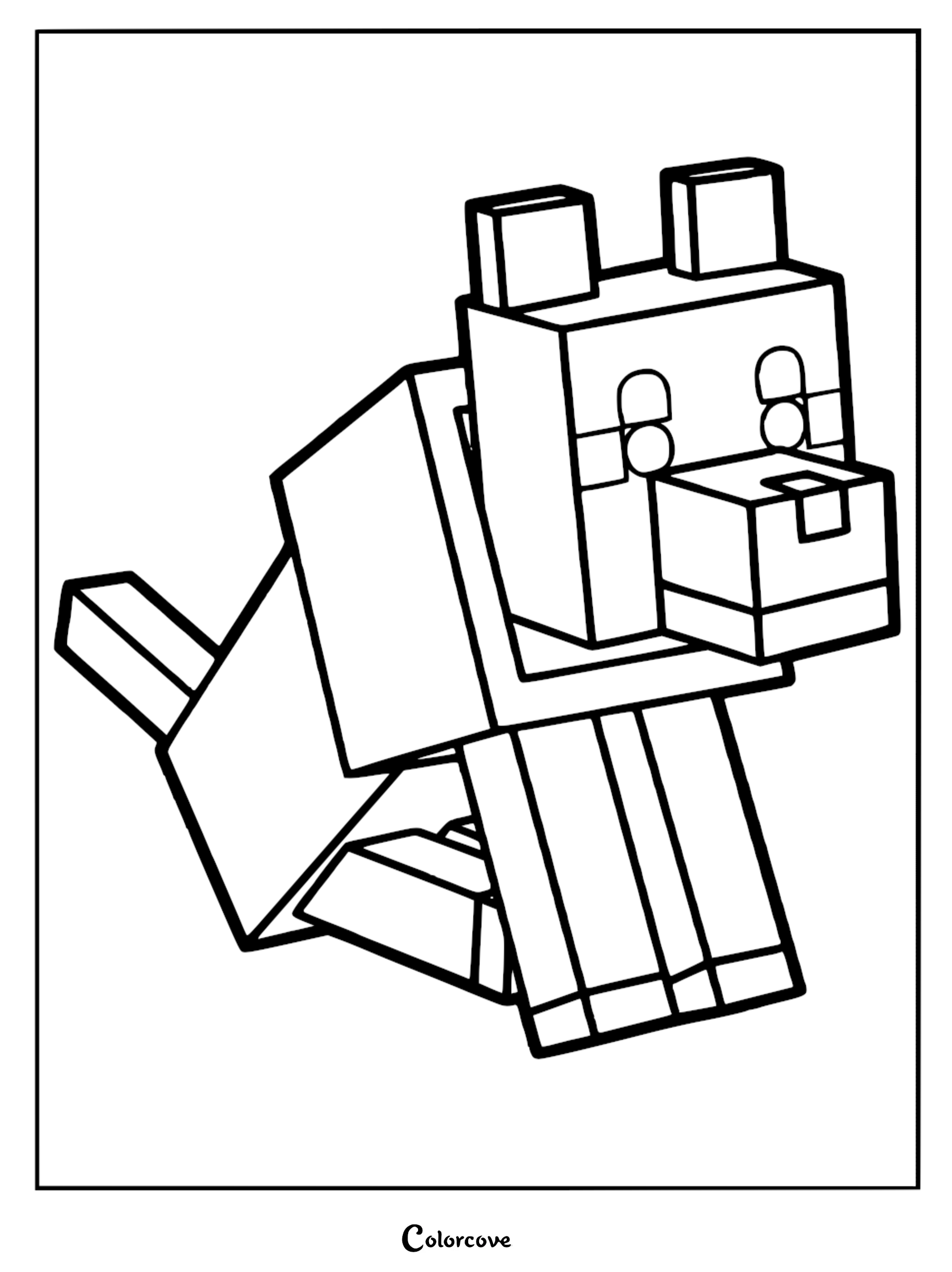A printable Minecraft wolf coloring page featuring the blocky, pixelated canine character sitting down with its tail raised.