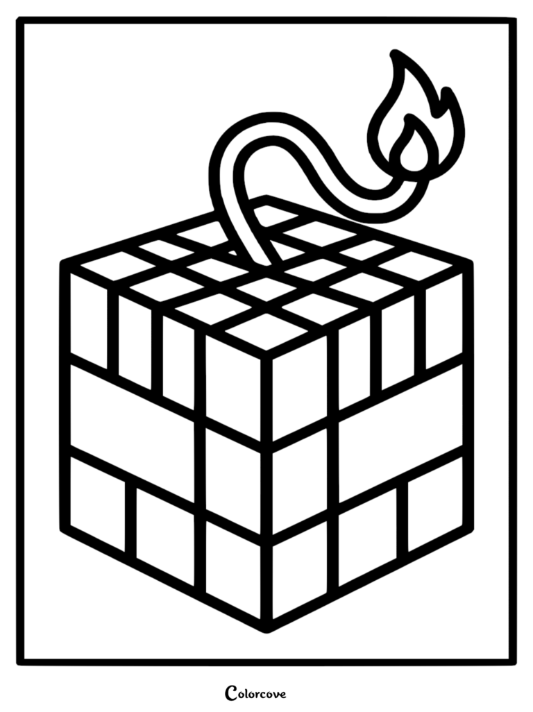 A Minecraft TNT block coloring page featuring a square block with a lit fuse and flame on top.