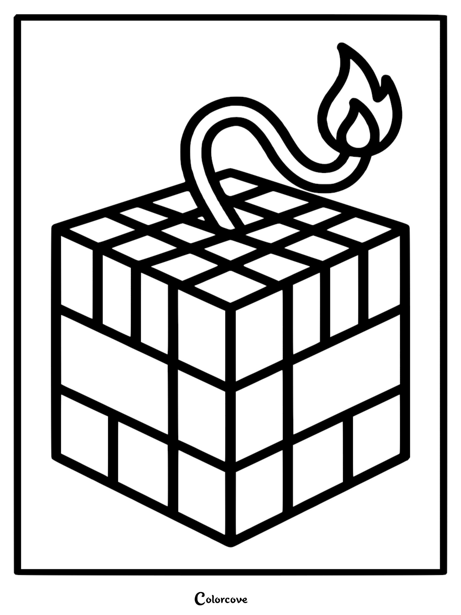 A Minecraft TNT block coloring page featuring a square block with a lit fuse and flame on top.