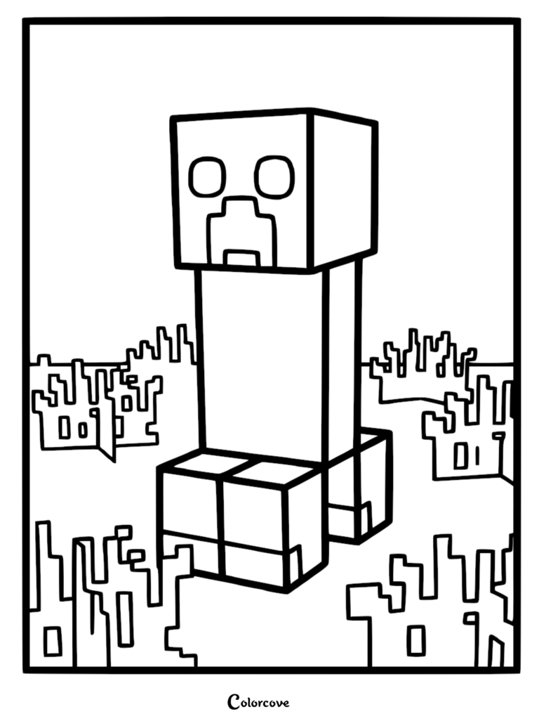A printable Minecraft Creeper coloring page featuring the iconic blocky green monster standing in a pixelated landscape.