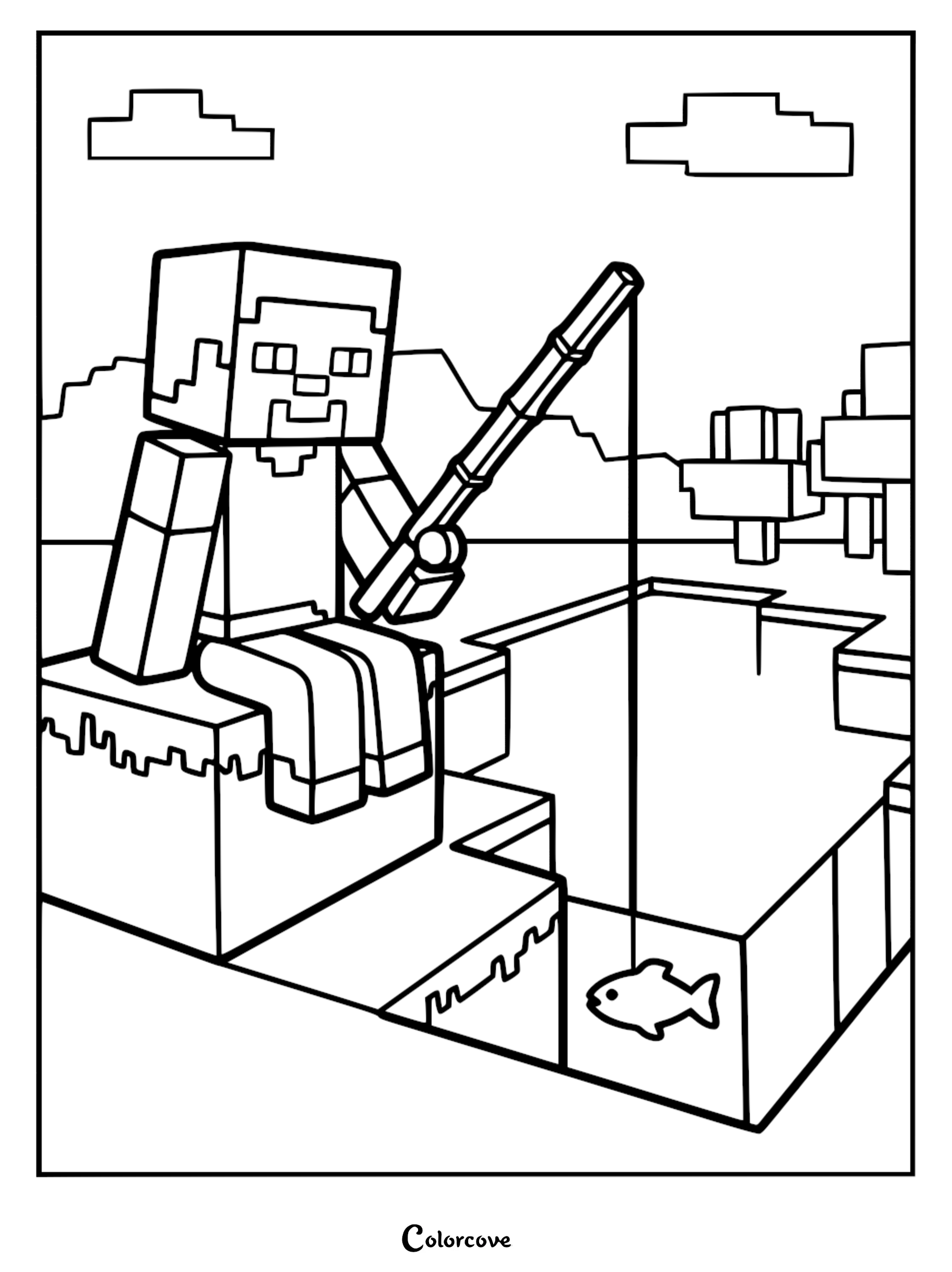 Minecraft Steve sitting on a block edge holding a fishing rod with a fish hooked in the water in this printable coloring page.