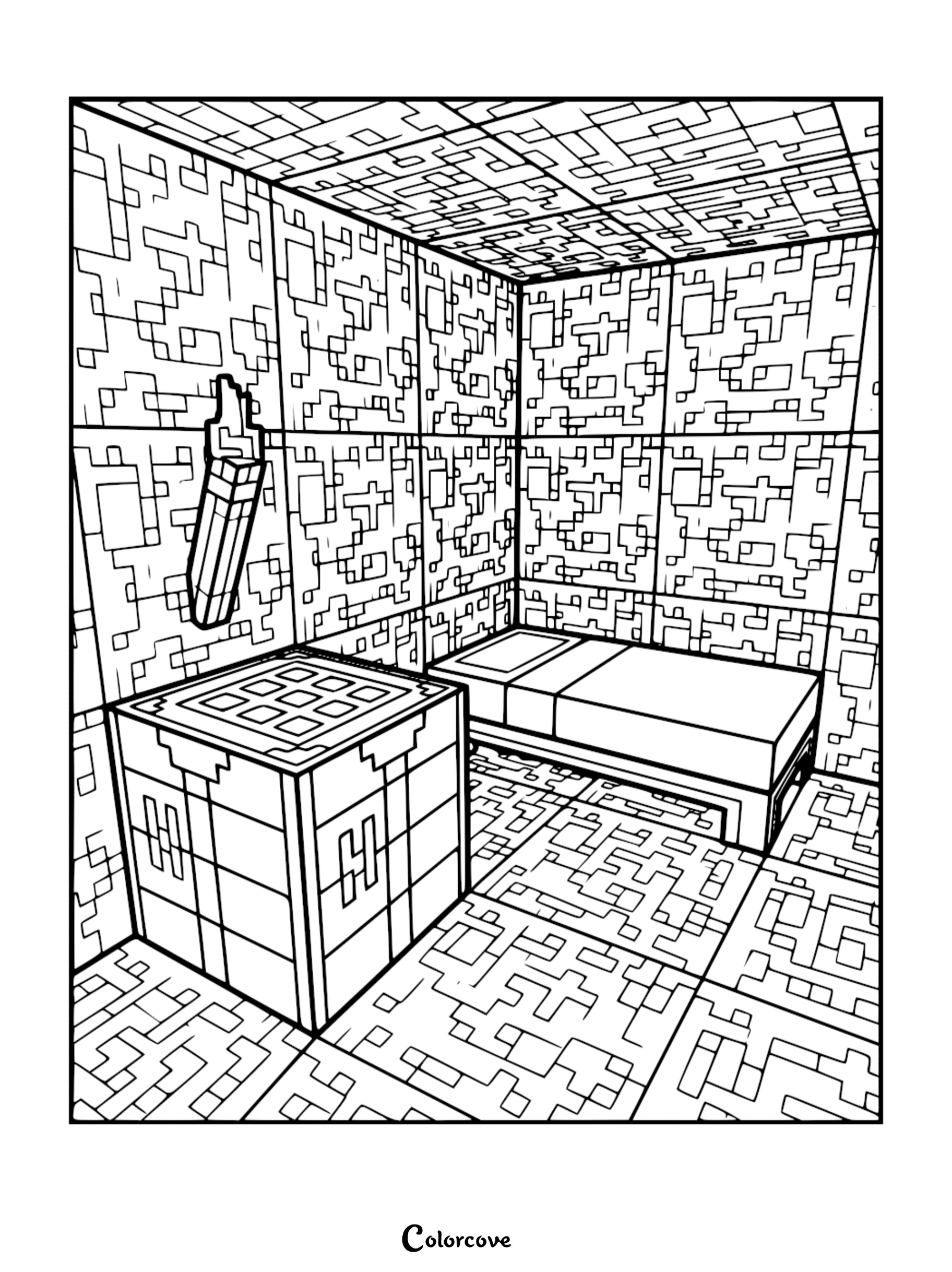 Minecraft bedroom coloring page featuring a crafting table, a bed, and a wall-mounted torch in a blocky room.
