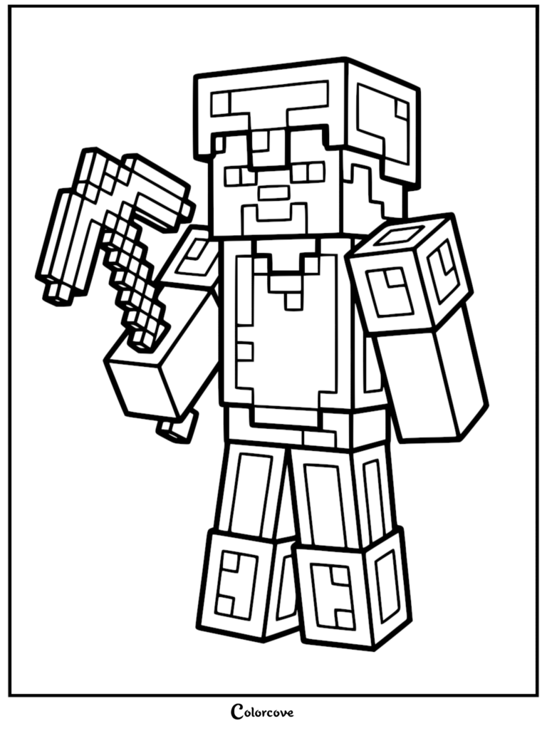 Minecraft Steve wearing full armor holding a pixelated pickaxe in this printable coloring page.
