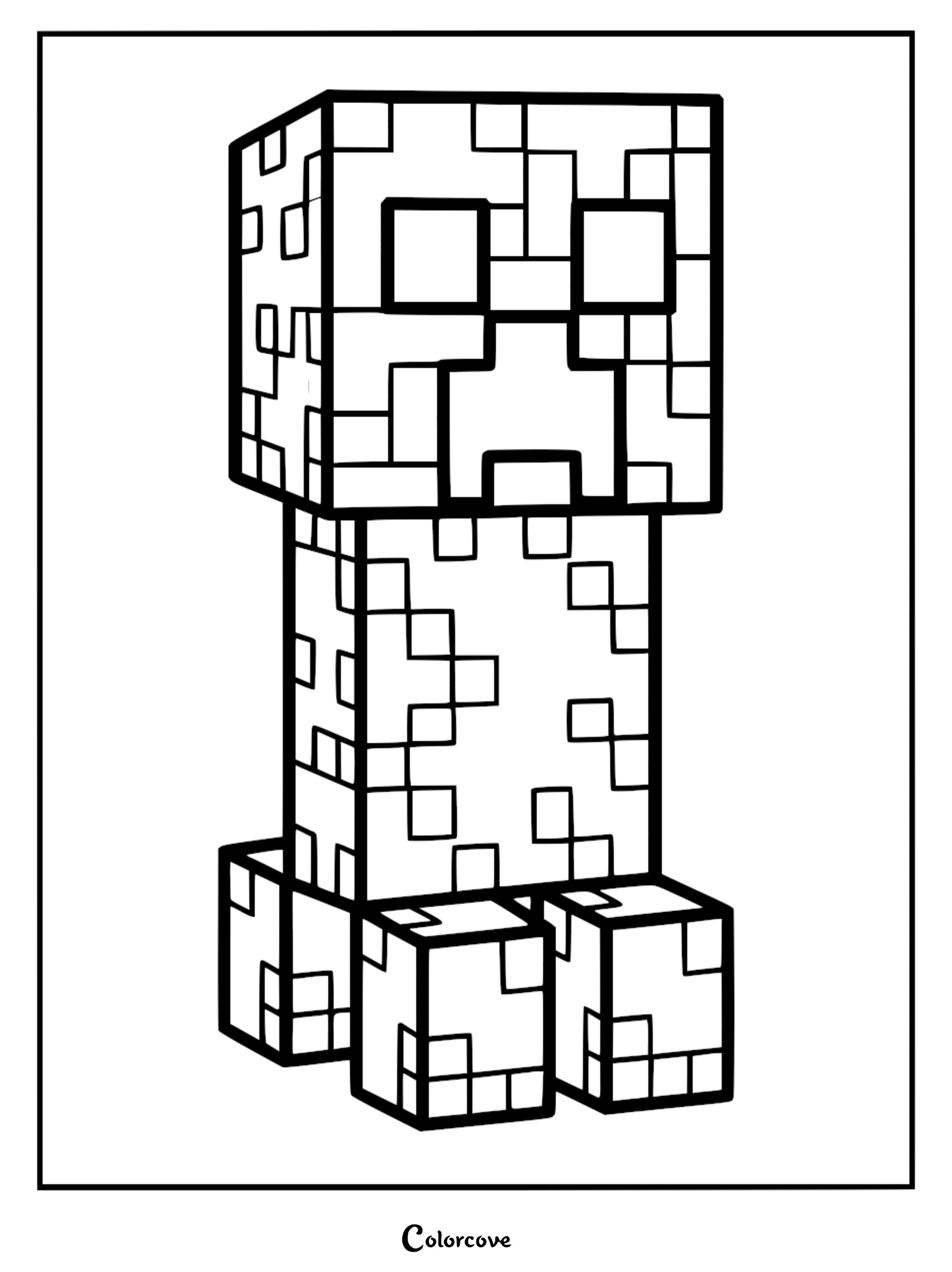 A pixelated Minecraft Creeper character line art coloring page with a blocky head and four feet.