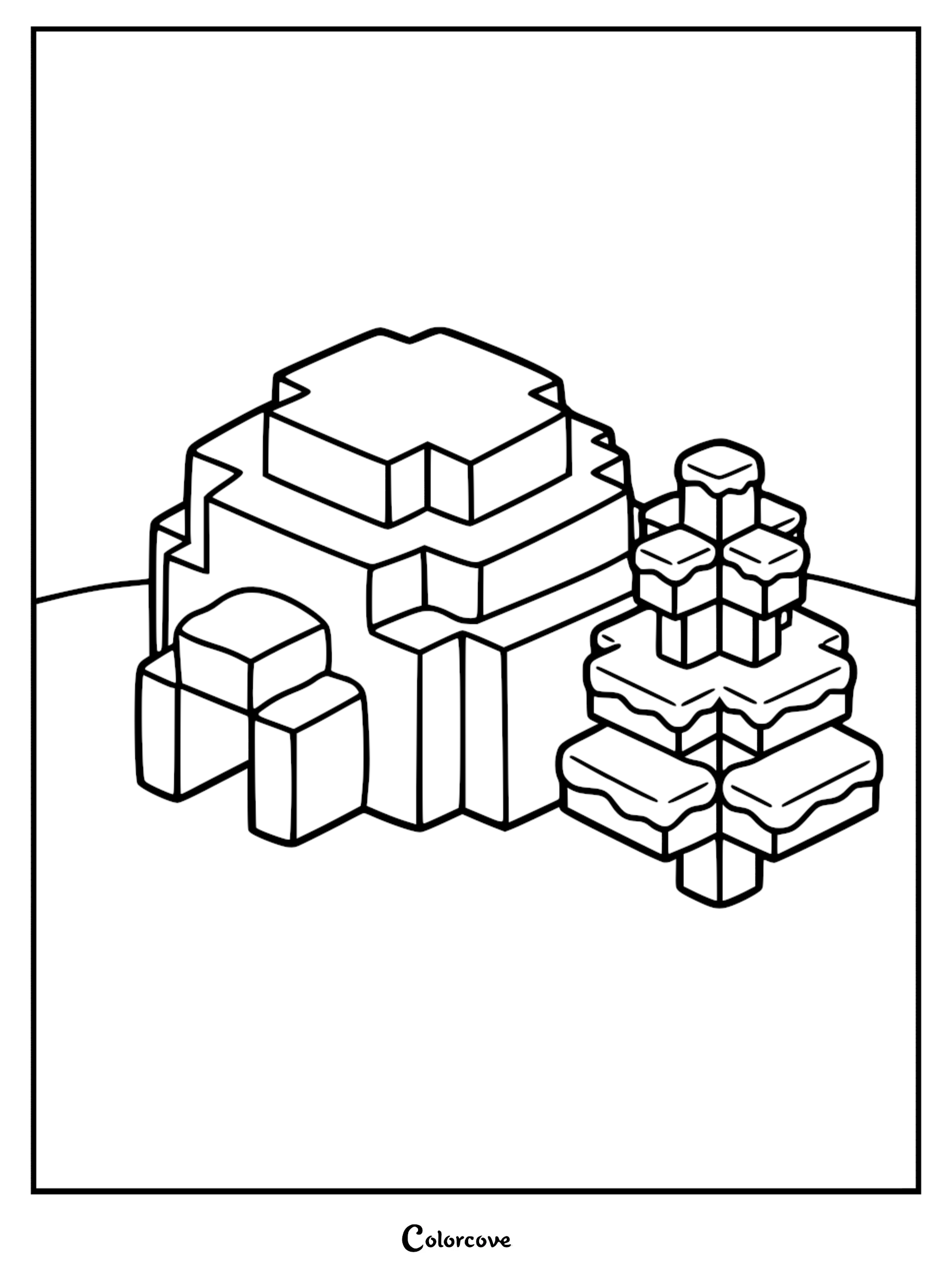 A Minecraft coloring page featuring a blocky igloo structure next to a small, snow-covered pine tree in a winter biome.