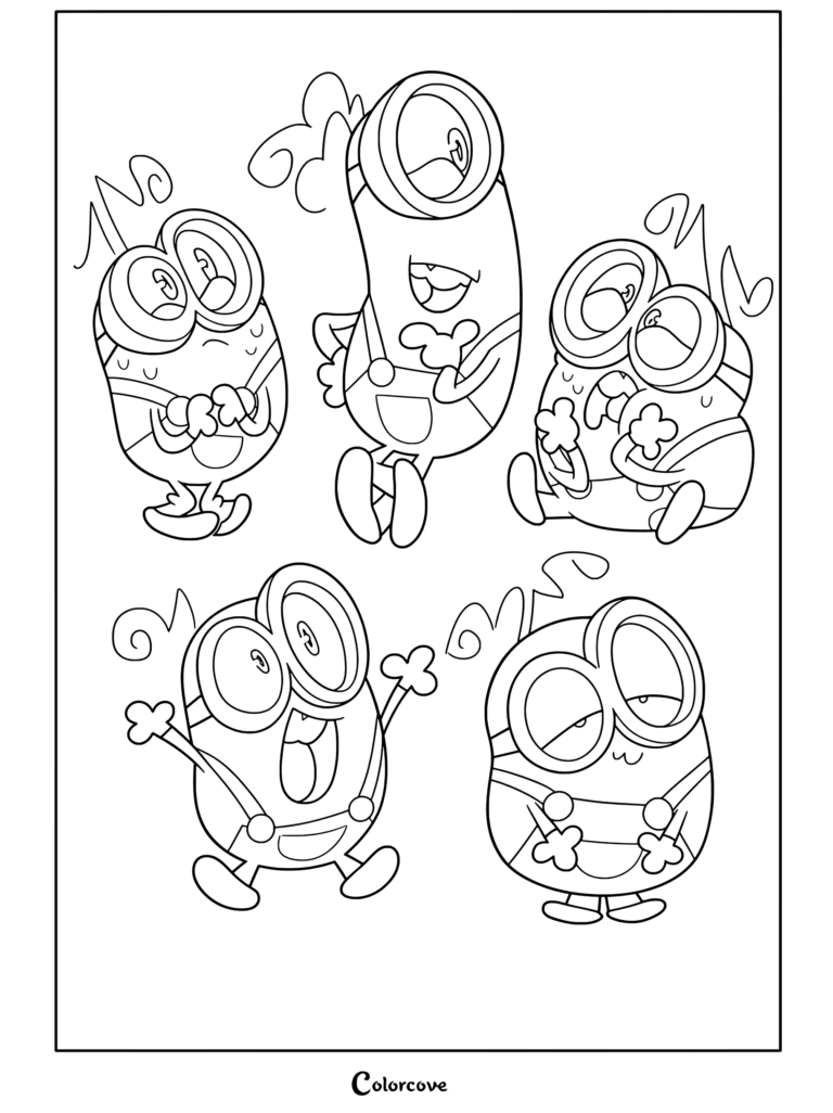 Cinco Minions con varias expresiones divertidas, página para colorear que presenta una mezcla de poses felices, somnolientas y juguetonas.