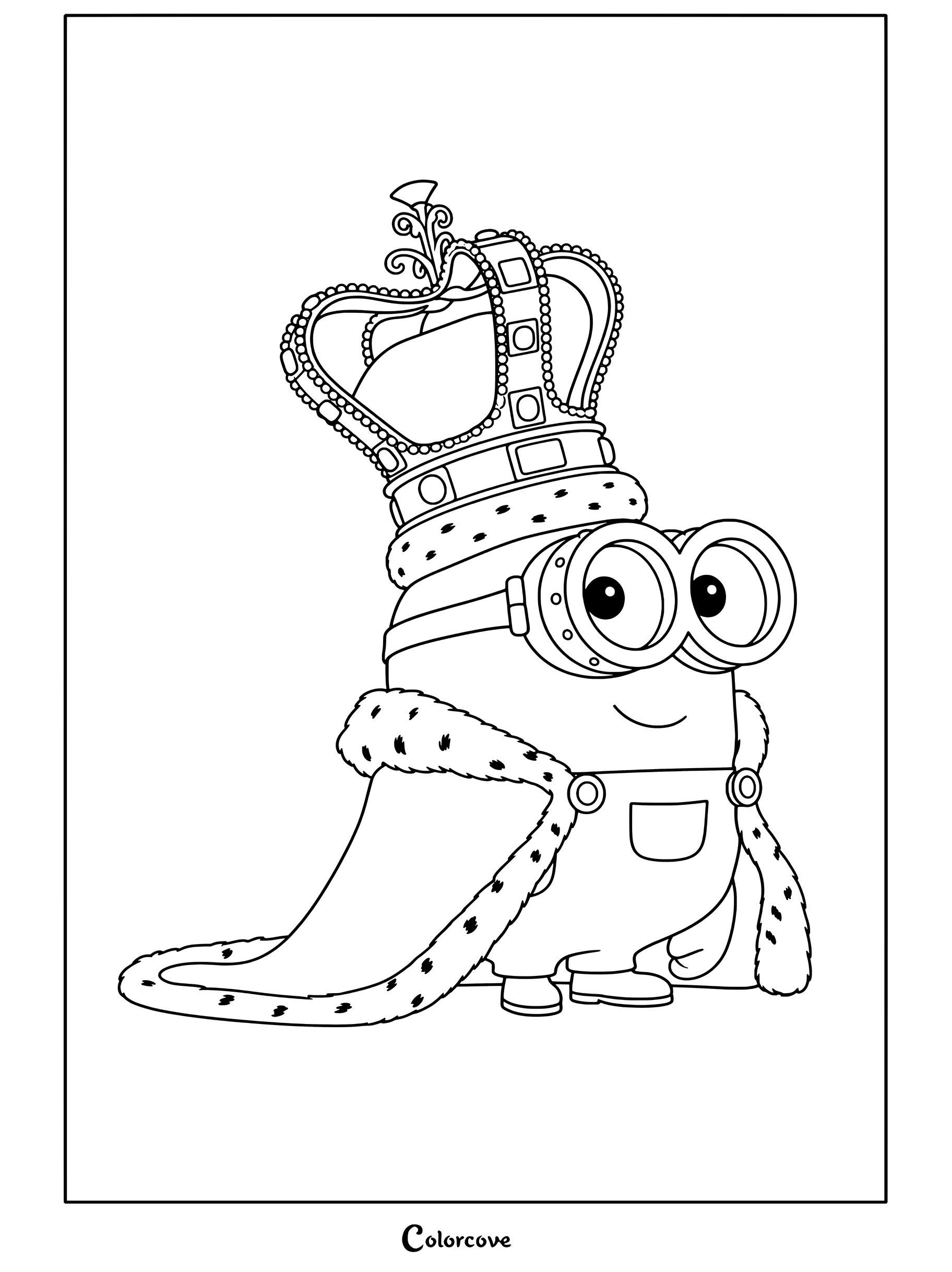 Bob el Minion con una corona real y capa ribeteada de armiño, página para colorear