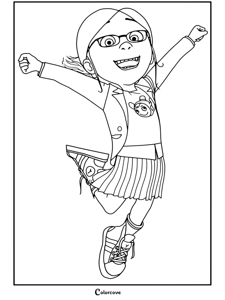 Dibujo para colorear imprimible de Margo de los Minions saltando en el aire con ambos brazos levantados felizmente.