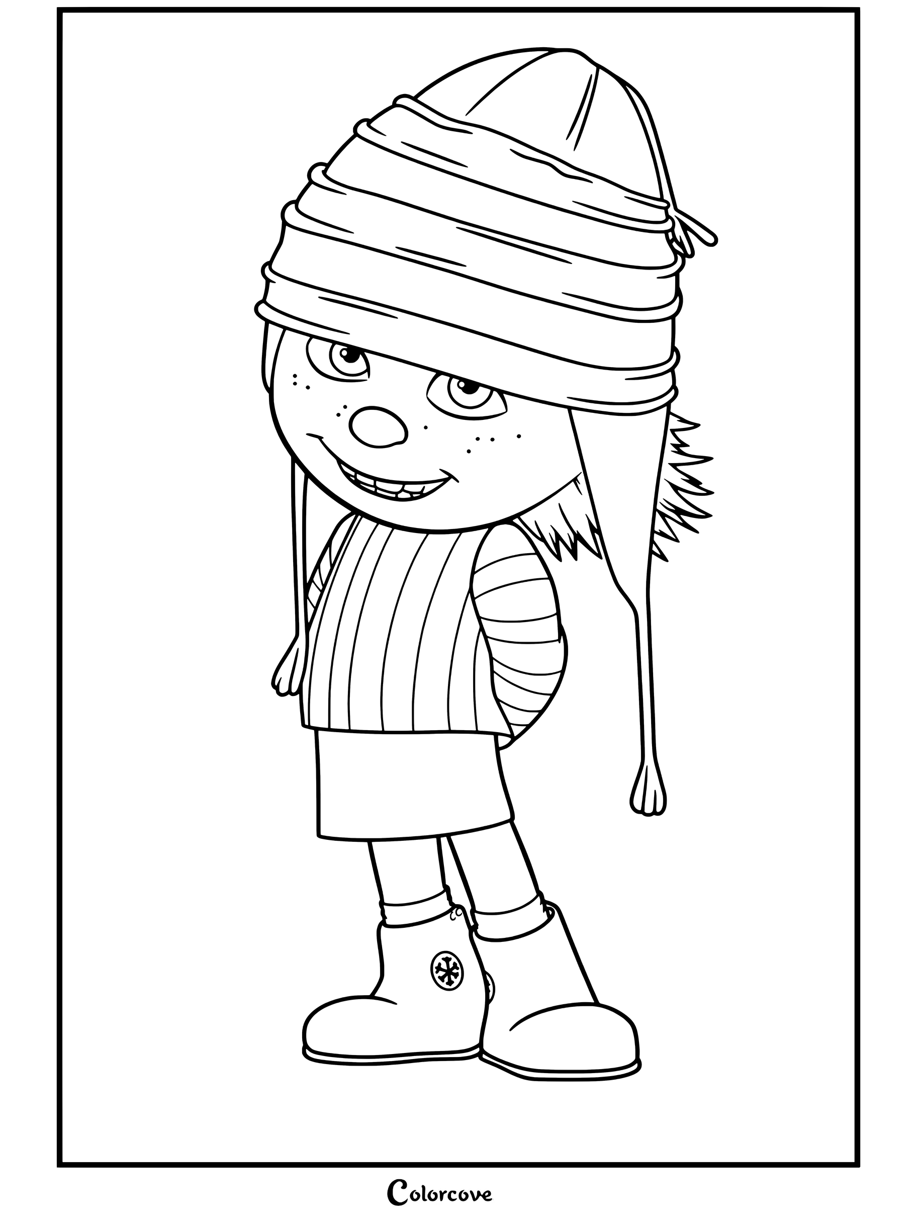 Margo con un jersey de rayas y un gran sombrero de invierno, página para colorear para niños que aman a los Minions