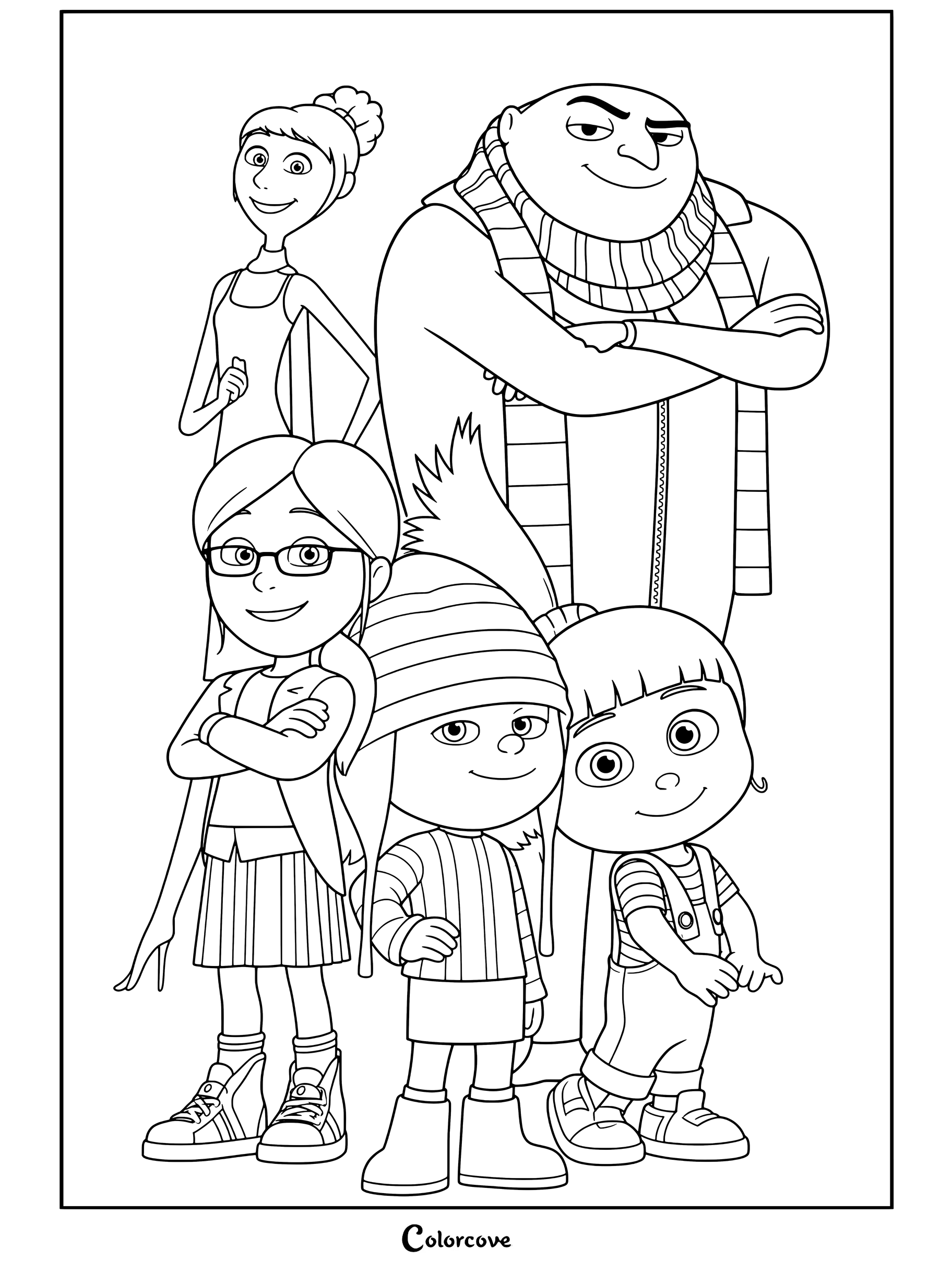 Página para colorear de Gru, mi villano favorito con un retrato de grupo de Gru, Lucy, Margo, Edith y Agnes para los fans de los Minions.