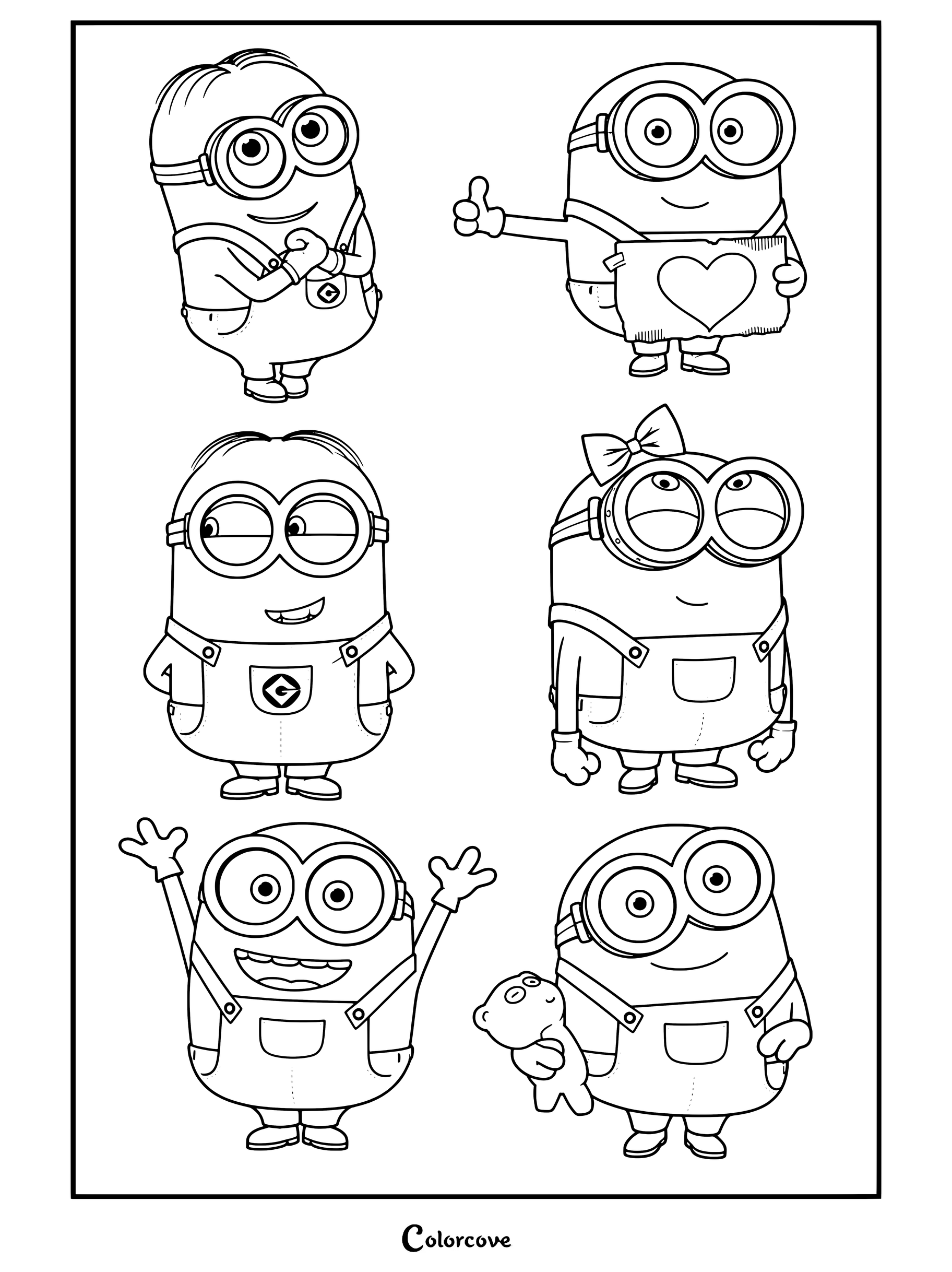Página para colorear con seis Minions en varias poses divertidas, incluyendo sosteniendo un cartel de corazón y un osito de peluche.