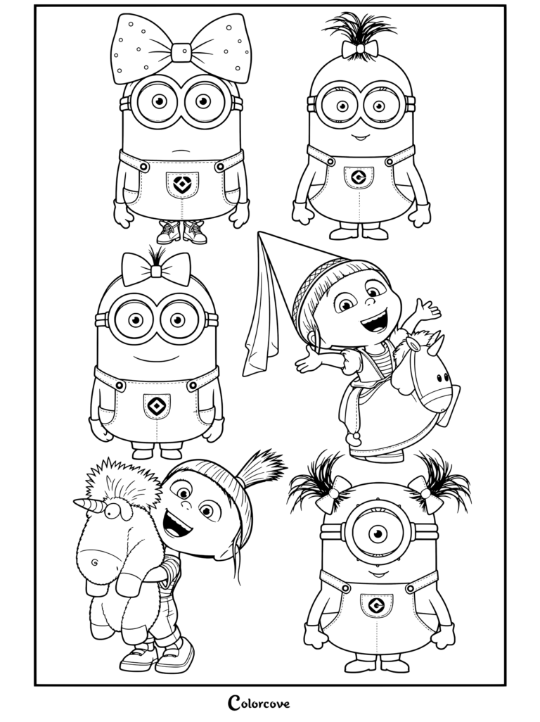 Dibujo para colorear con Minions y Agnes tras completarse la descarga.