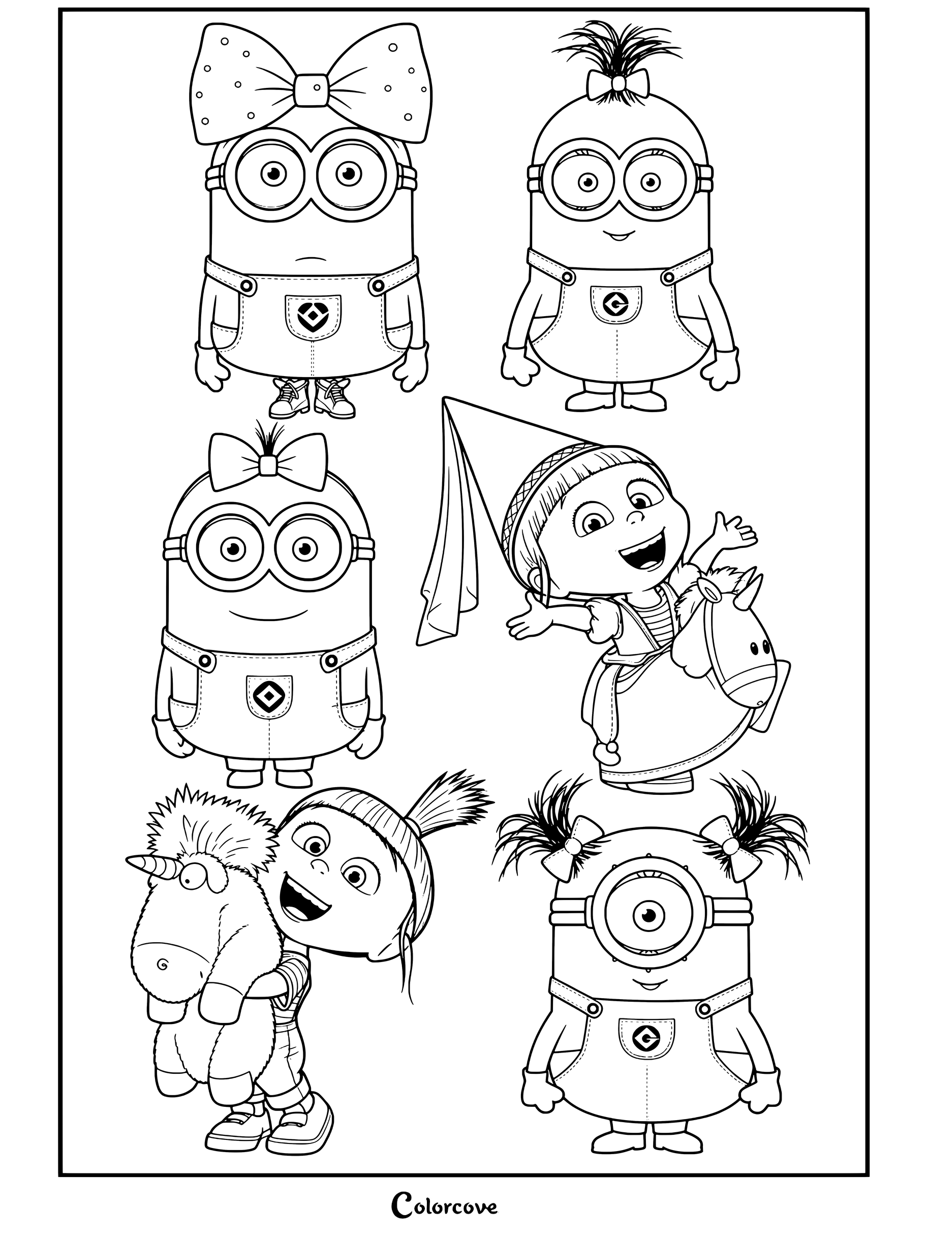 Dibujo para colorear con Minions y Agnes tras completarse la descarga.