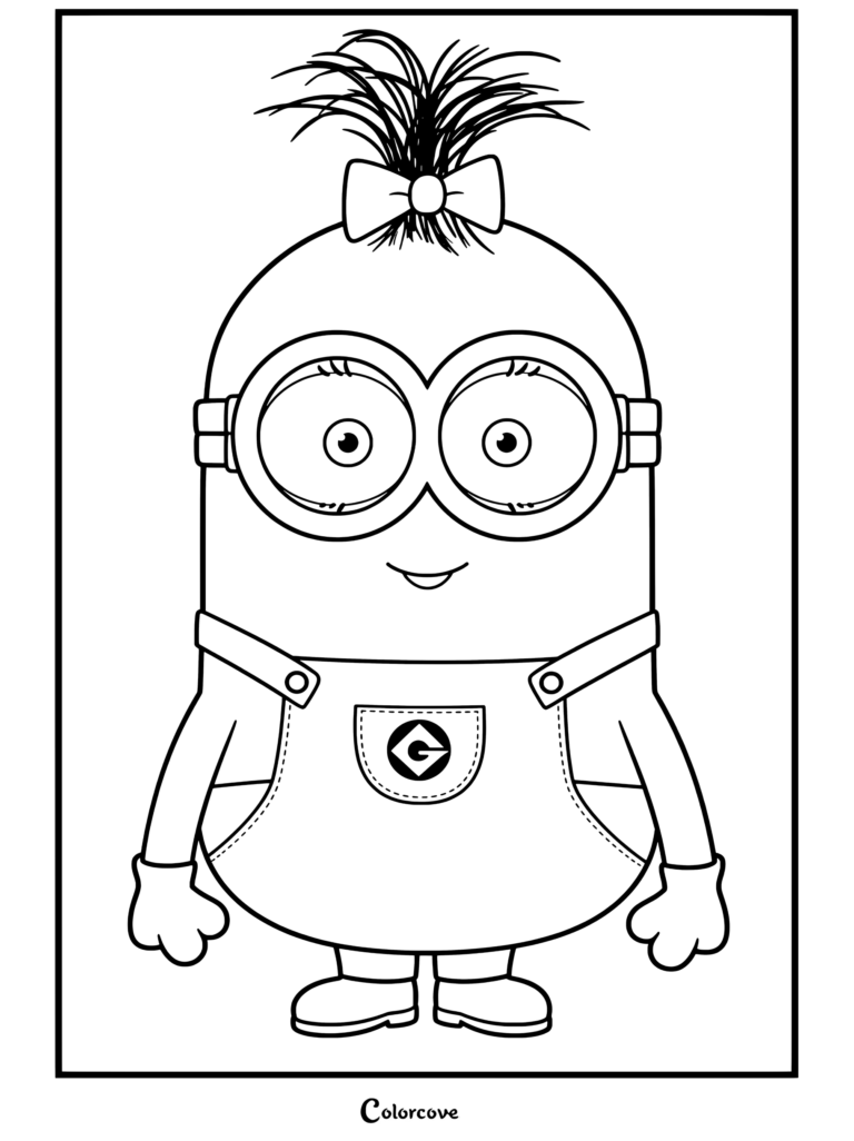 Un dibujo de Minions para colorear que muestra a un personaje con un lazo en el pelo, gafas y un peto con un bolsillo con la letra G.