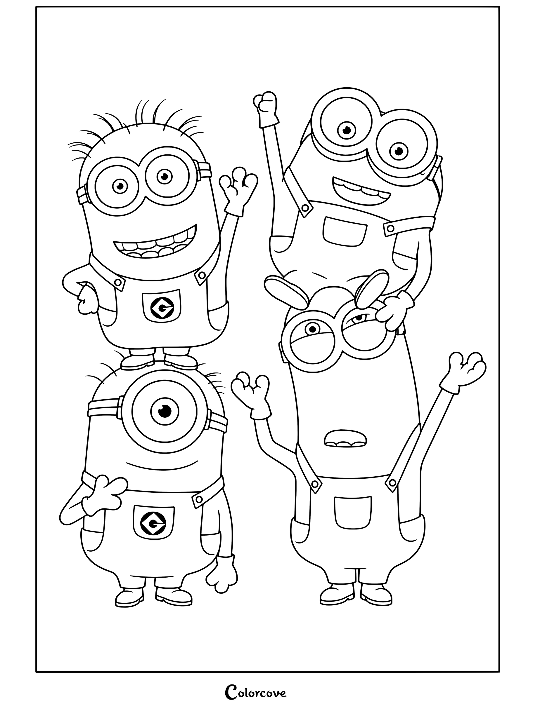 Cuatro Minions apilados juntos con dos Minions arriba y dos abajo sonriendo y saludando, página para colorear