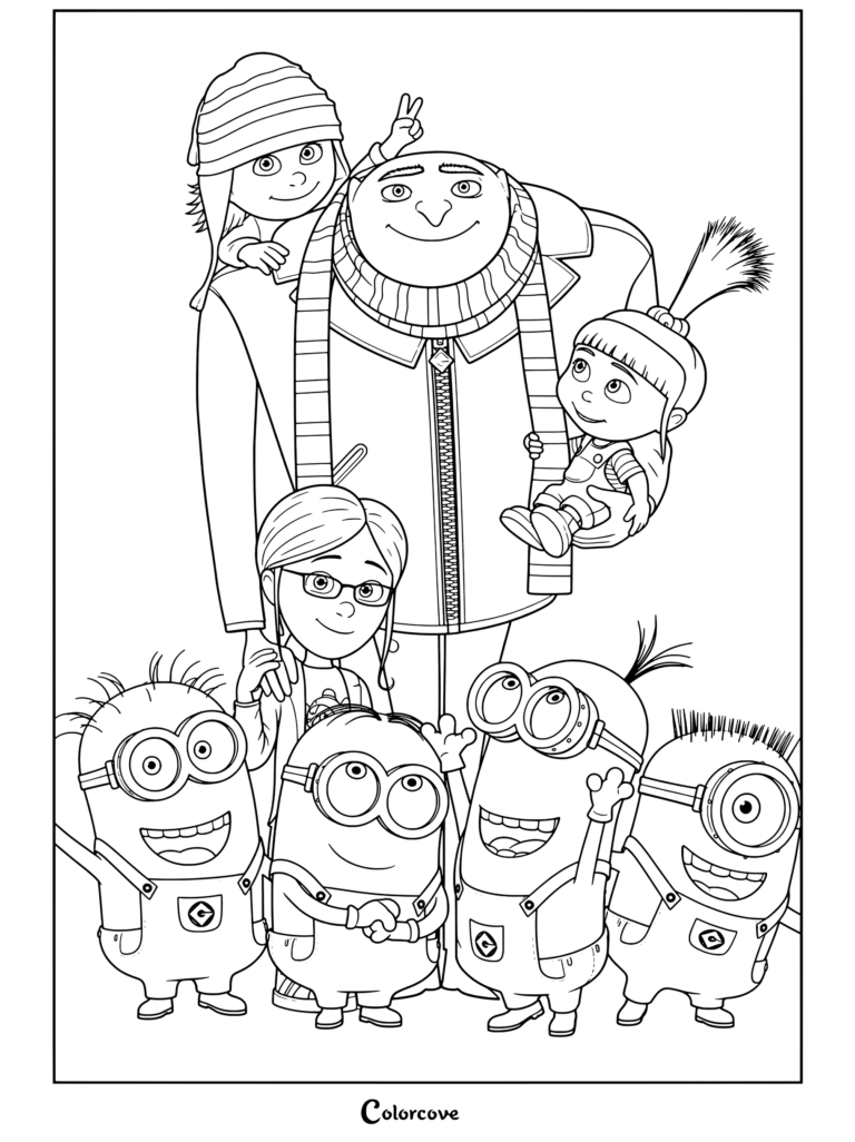 Gru y su familia con cuatro Minions, página para colorear de retrato de grupo