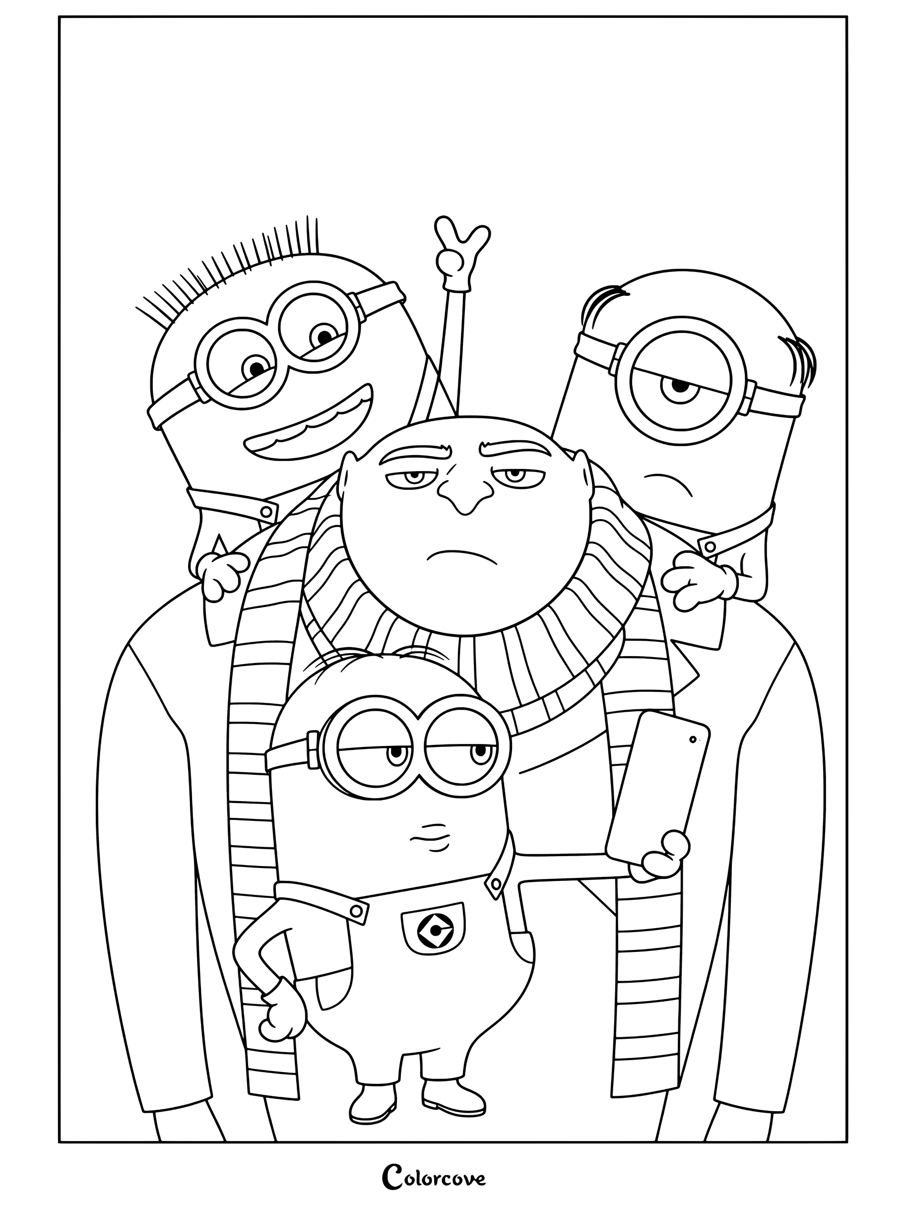 Gru y tres Minions haciéndose una selfi con el teléfono, página para colorear para niños