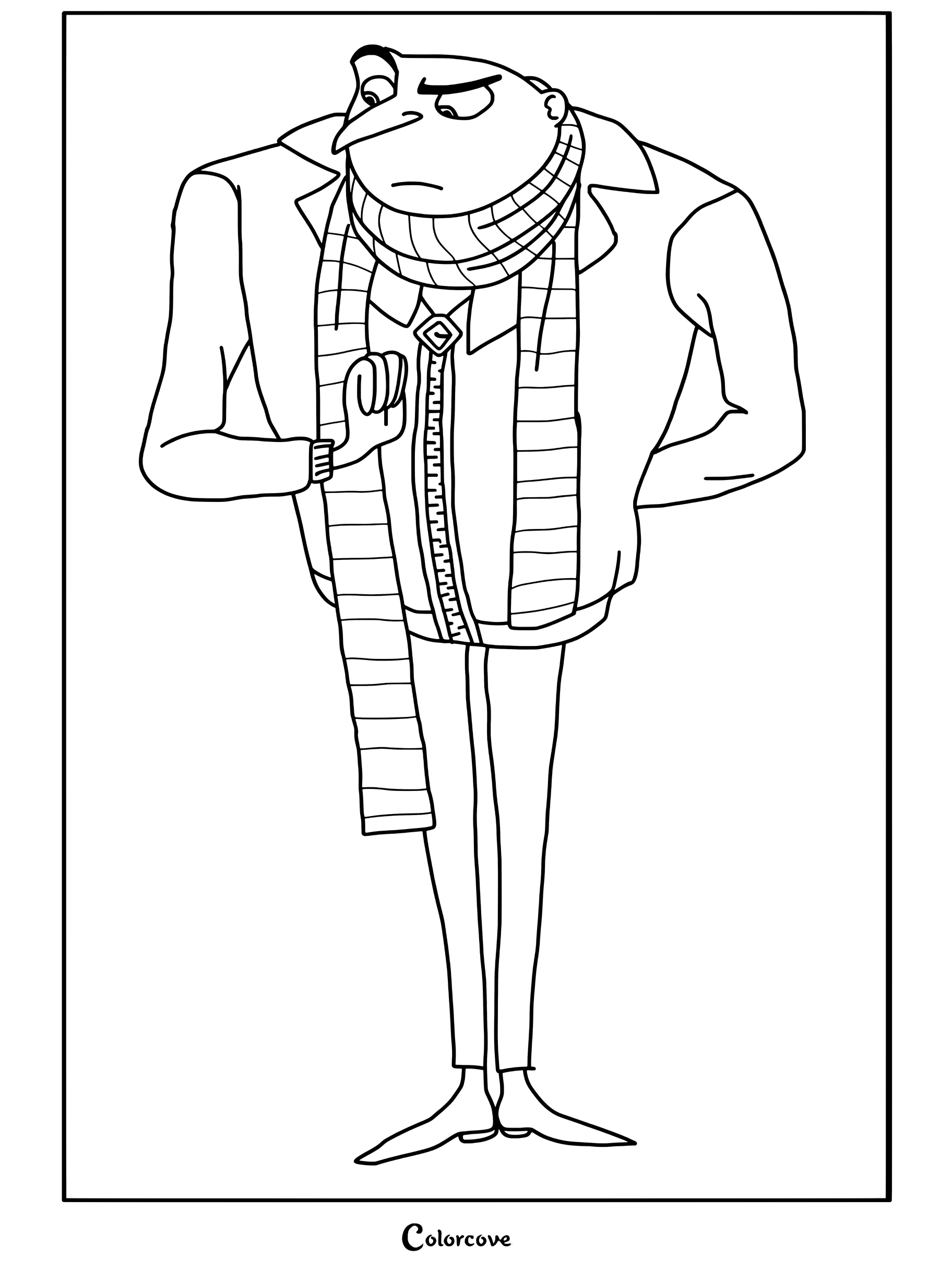 Página para colorear de Gru con una bufanda de rayas de los Minions