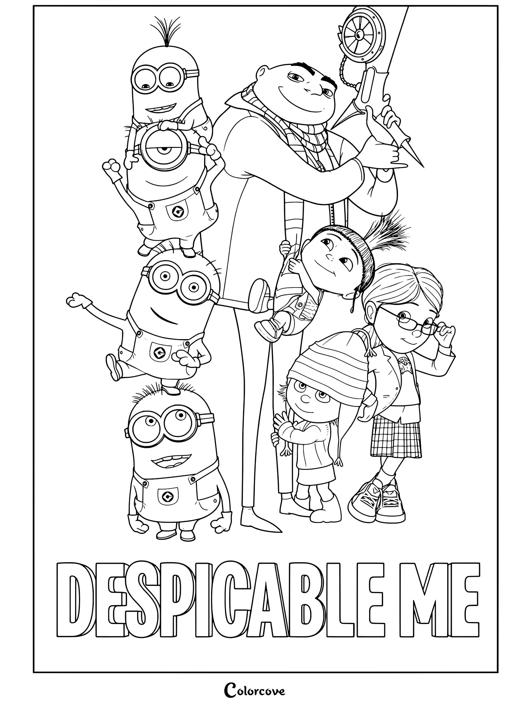 Gru sosteniendo un arma congelante y colgando a Agnes rodeado de Minions apilados y las hijas Margo y Edith de Gru, mi villano favorito, página para colorear