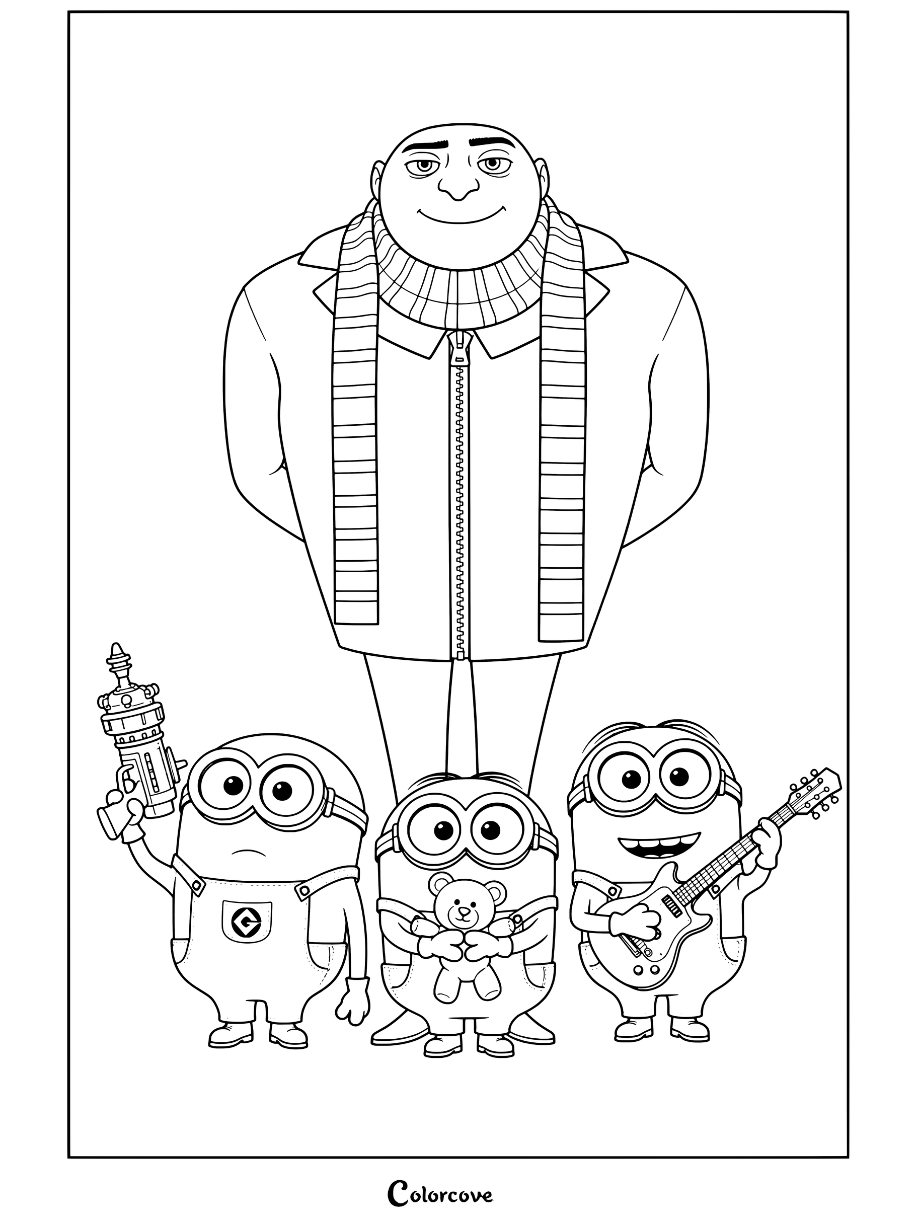 Gru erguido con bufanda de rayas rodeado por tres Minions que sostienen un osito de peluche con pistola de rayos y una guitarra, página para colorear de Minions