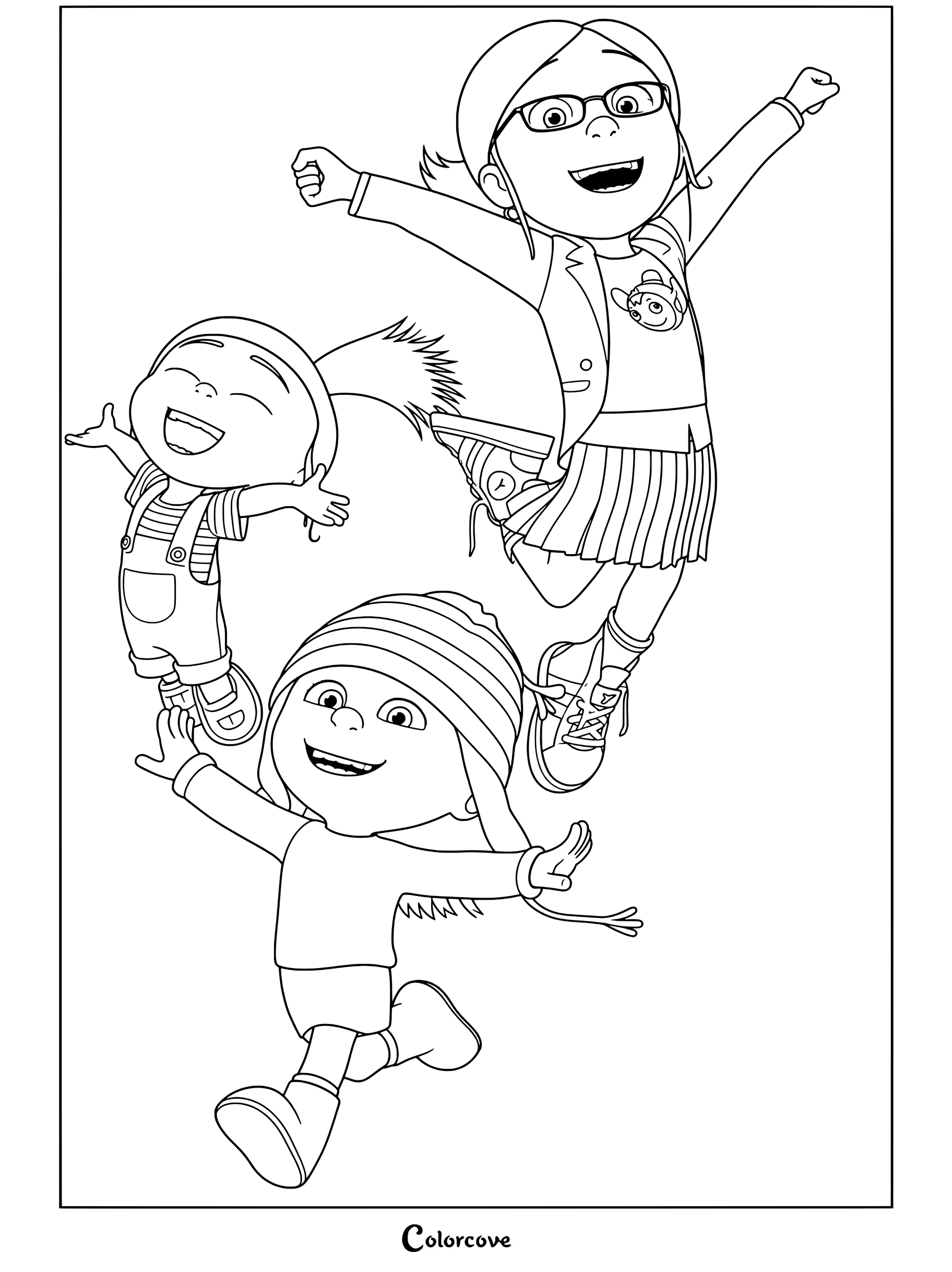 Margo, Edith y Agnes saltando de alegría de la página para colorear de los Minions