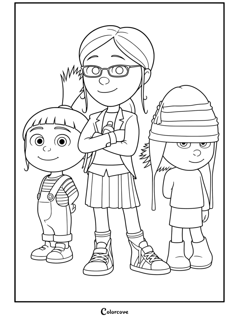 Margo, Edith y Agnes de pie juntas y sonriendo en una página para colorear de los Minions en blanco y negro.