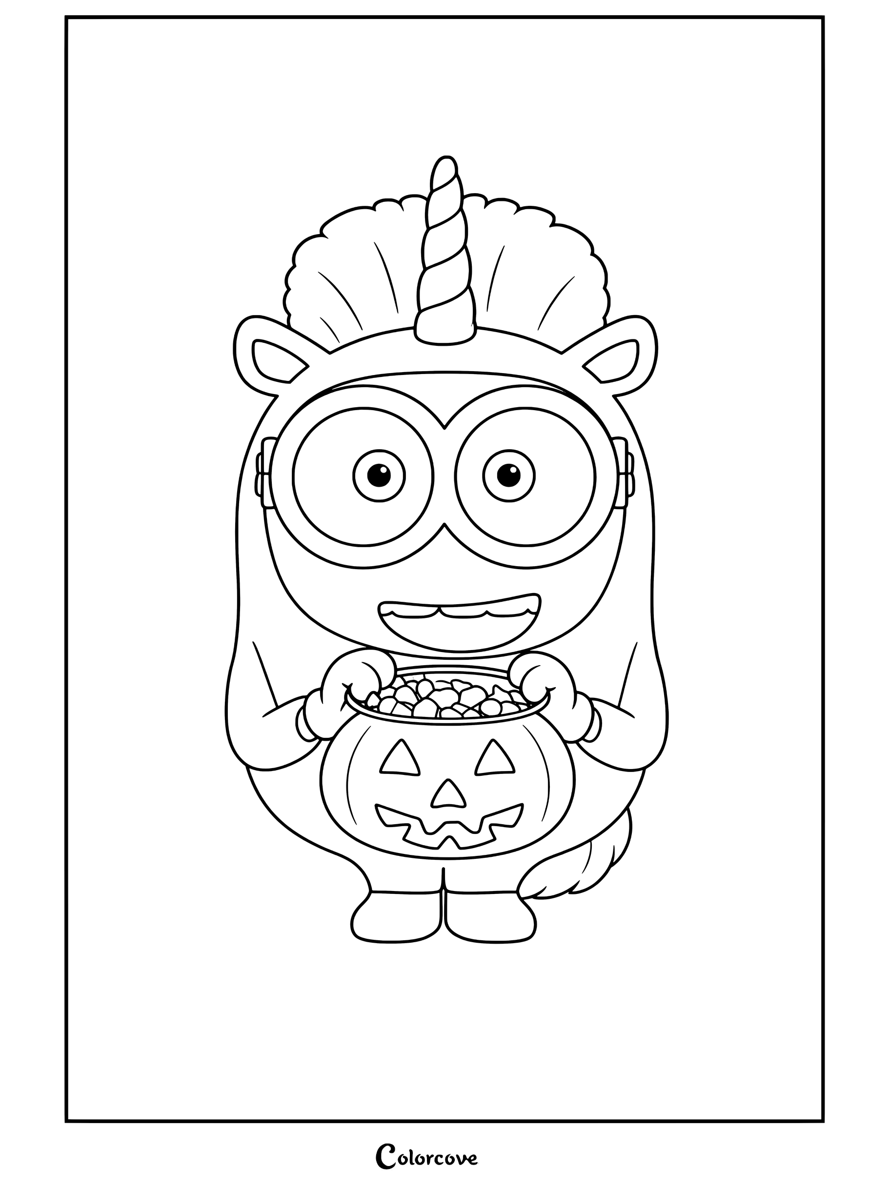 Página para colorear de un Minion vestido con un disfraz de unicornio blanco esponjoso con cuerno dorado y cabello rosa sosteniendo una cubeta de caramelos de calabaza de Halloween
