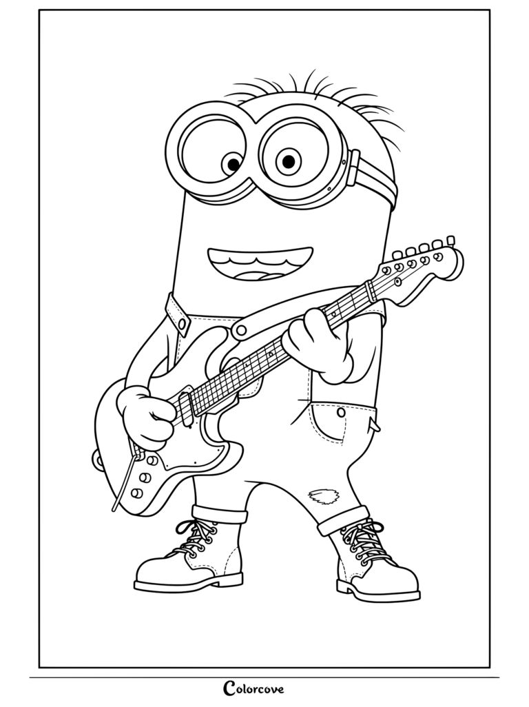 Página para colorear imprimible gratuita de un Minion tocando una guitarra eléctrica mientras lleva un peto y botas negras.